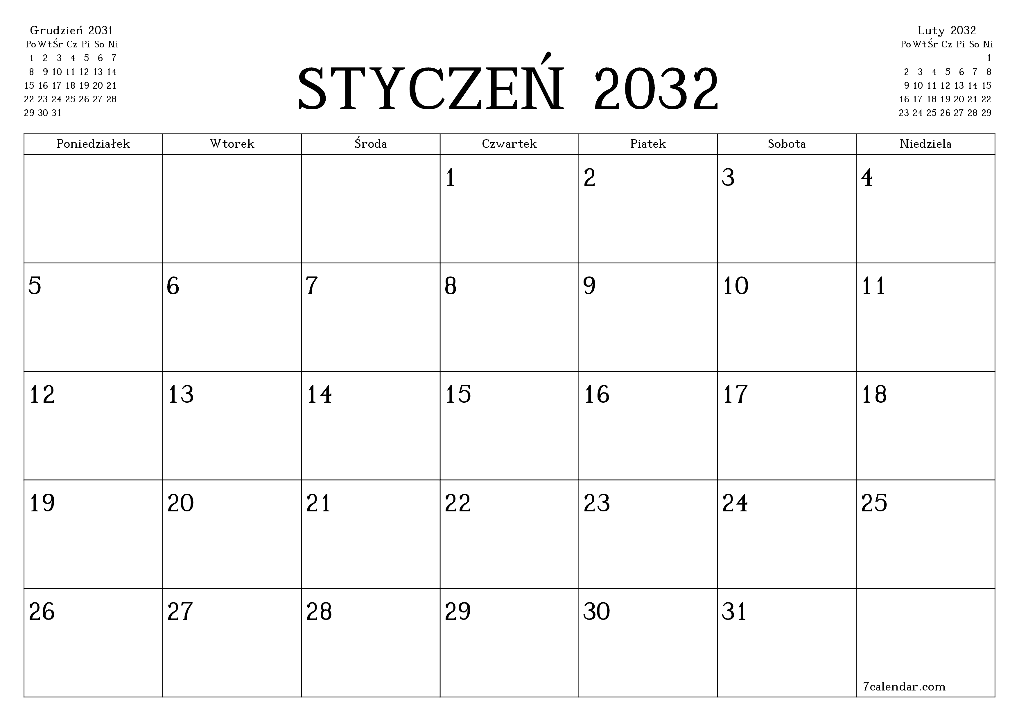 Opróżnij miesięczny planer na miesiąc Styczeń 2032 z notatkami, zapisz i wydrukuj w formacie PDF PNG Polish