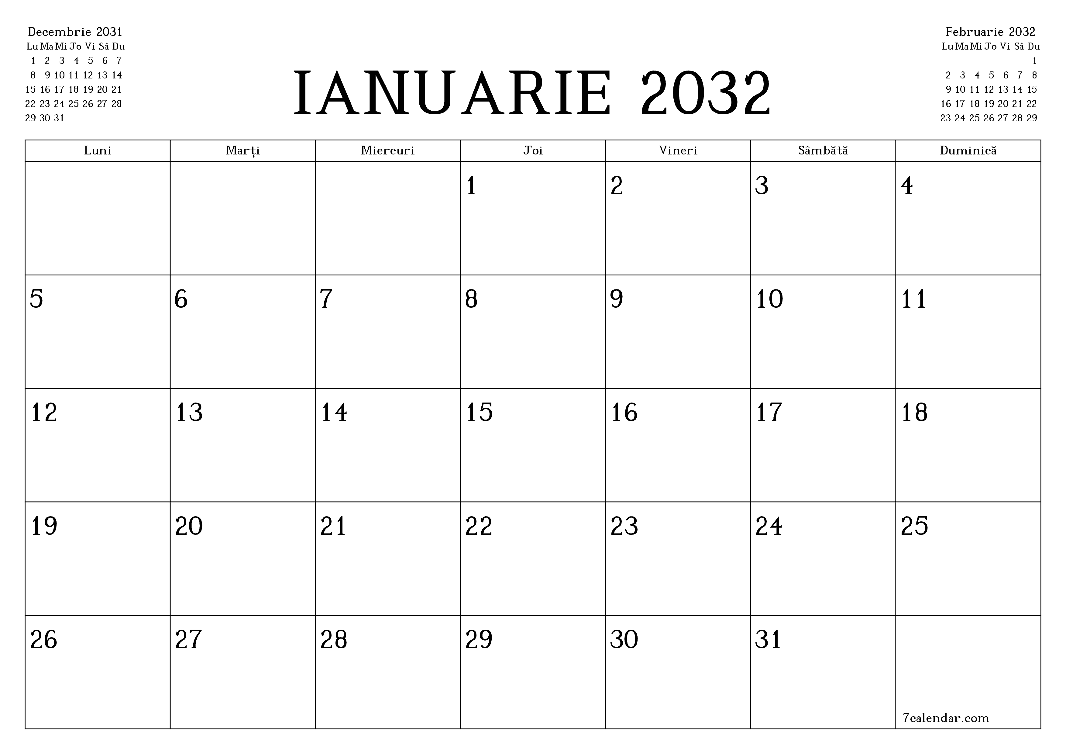 Planificator lunar gol pentru luna Ianuarie 2032 cu note, salvați și tipăriți în PDF PNG Romanian