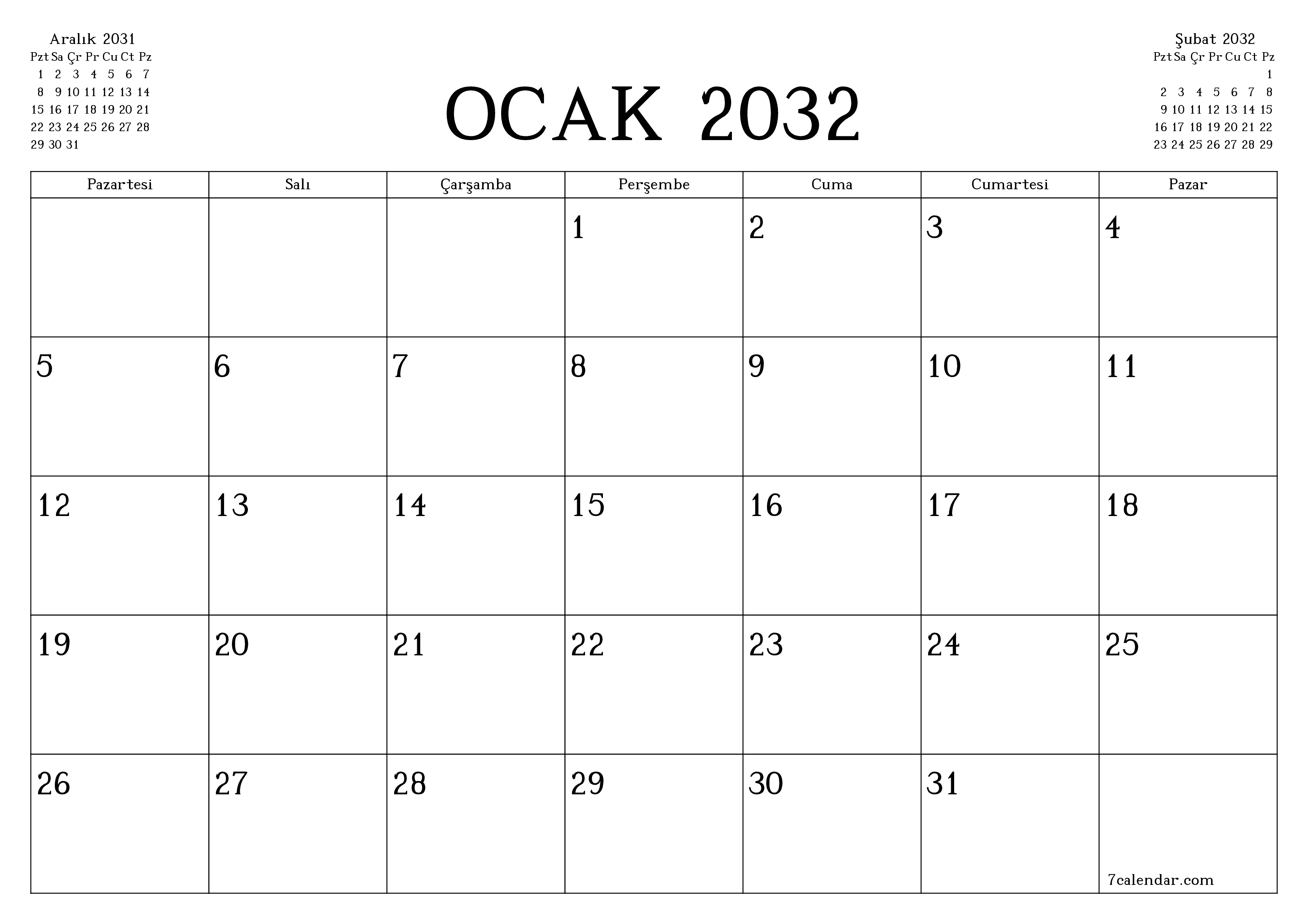 Ocak 2032 ayı için notlarla birlikte boş aylık planlayıcı, kaydedin ve PDF'ye yazdırın PNG Turkish