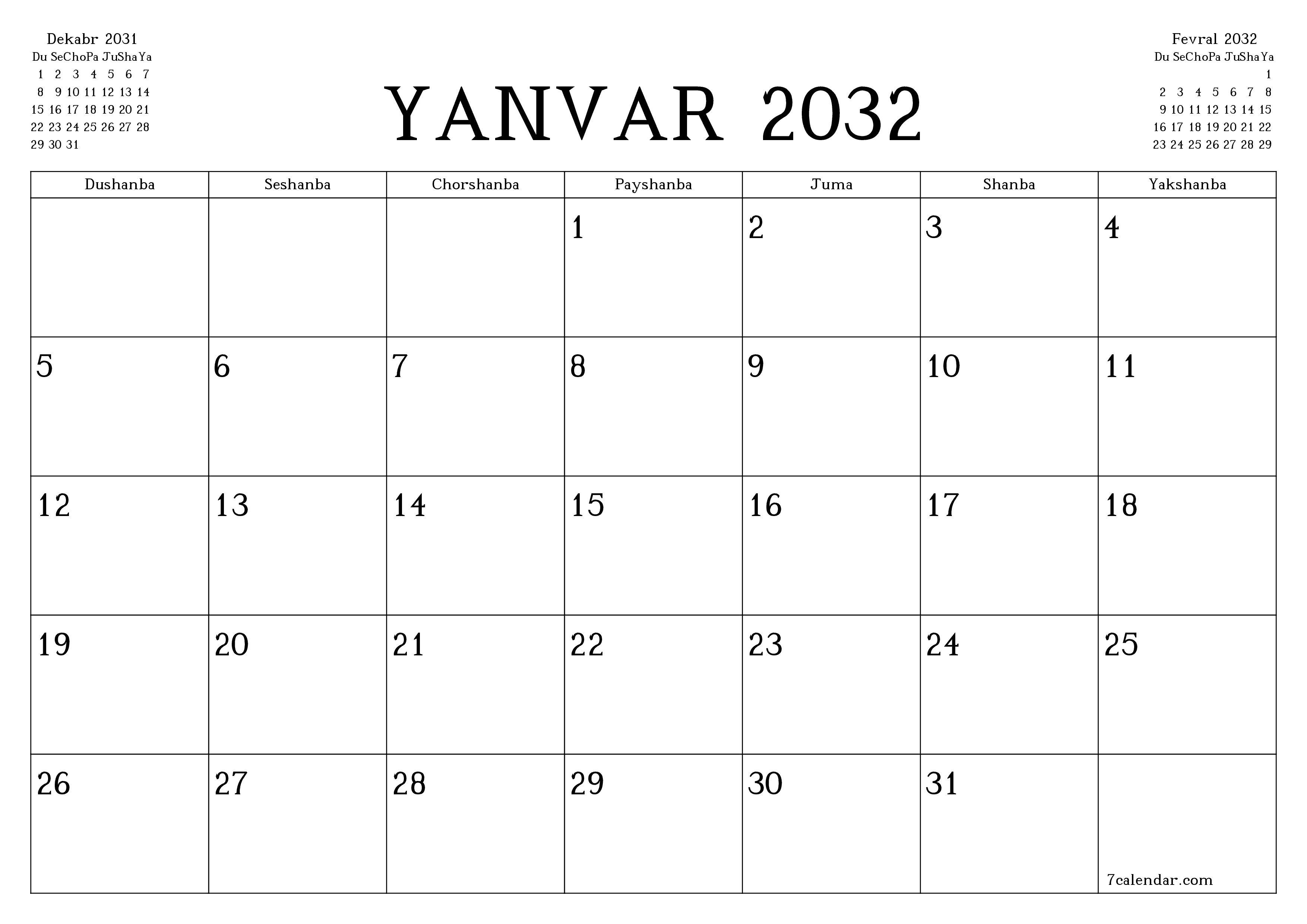 Yanvar 2032 oylik oylik rejalashtiruvchini yozuvlar bilan bo'shatish, saqlash va PDF-ga chop etish PNG Uzbek