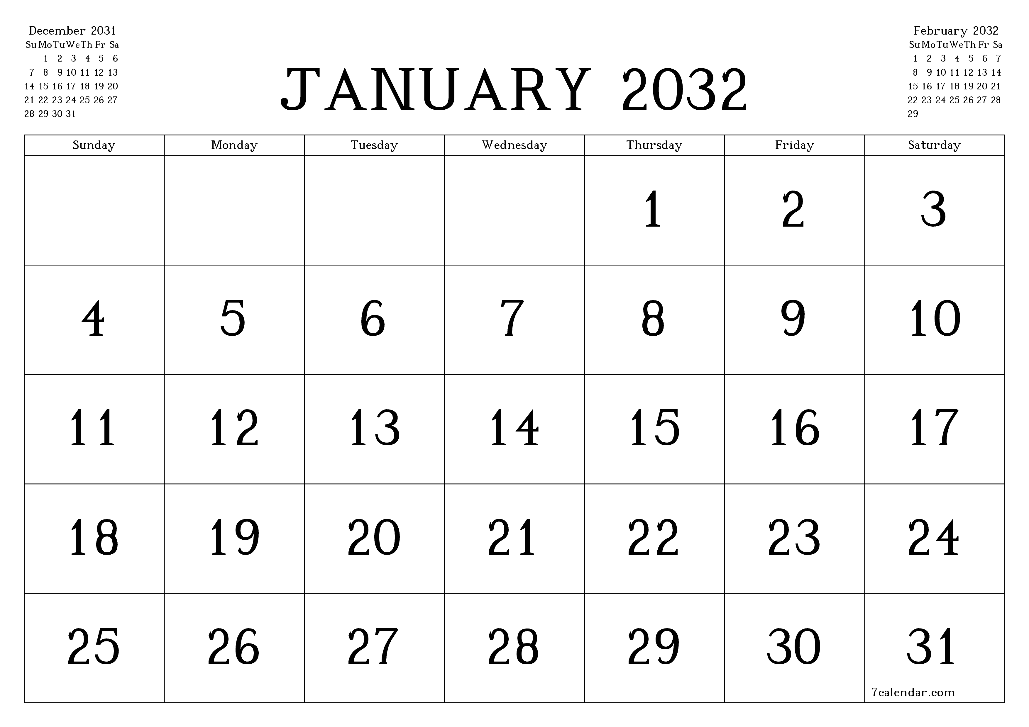Blank calendar January 2032