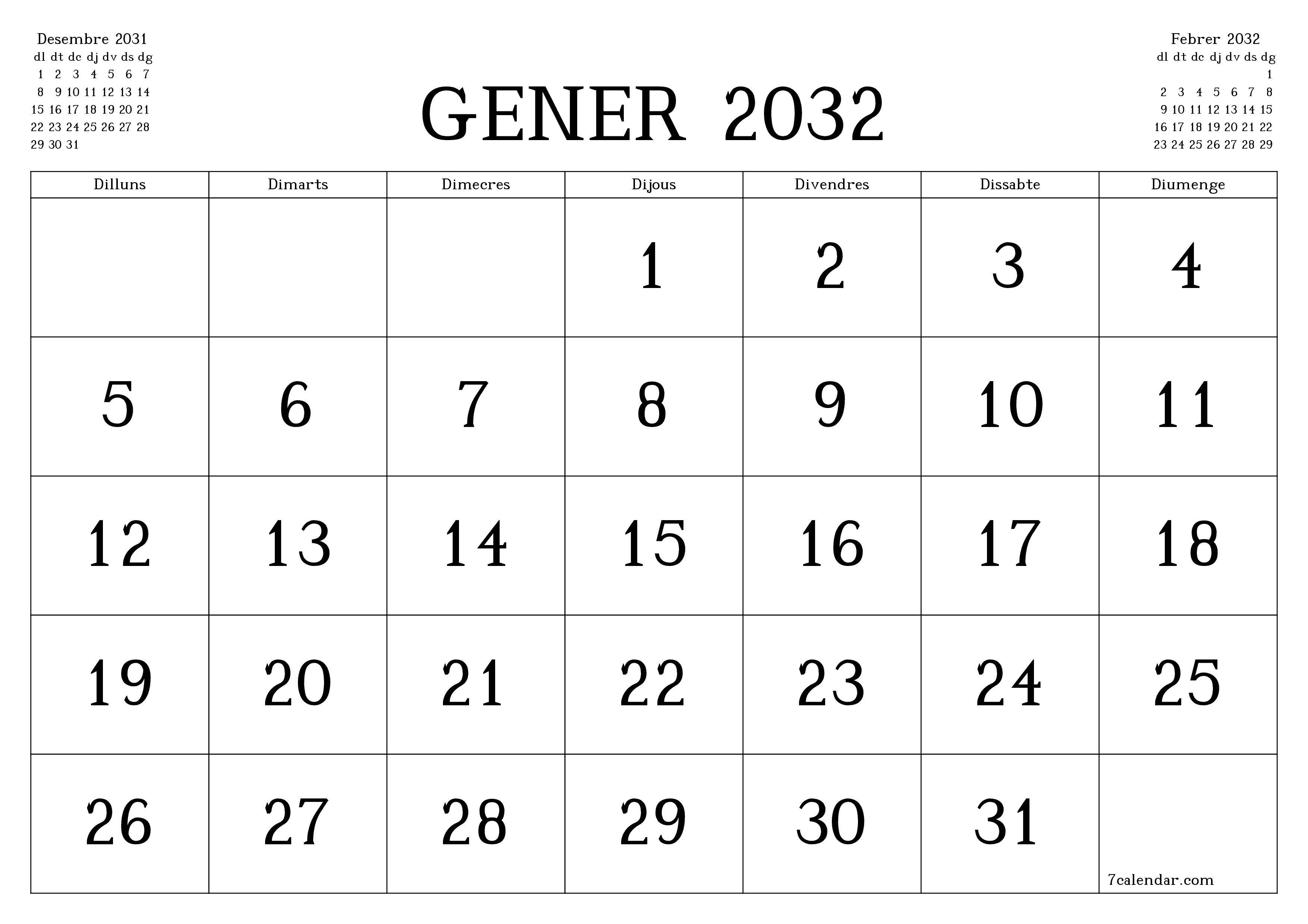 Planificador mensual buit del mes Gener 2032 amb notes, deseu-lo i imprimiu-lo en format PDF PNG Catalan