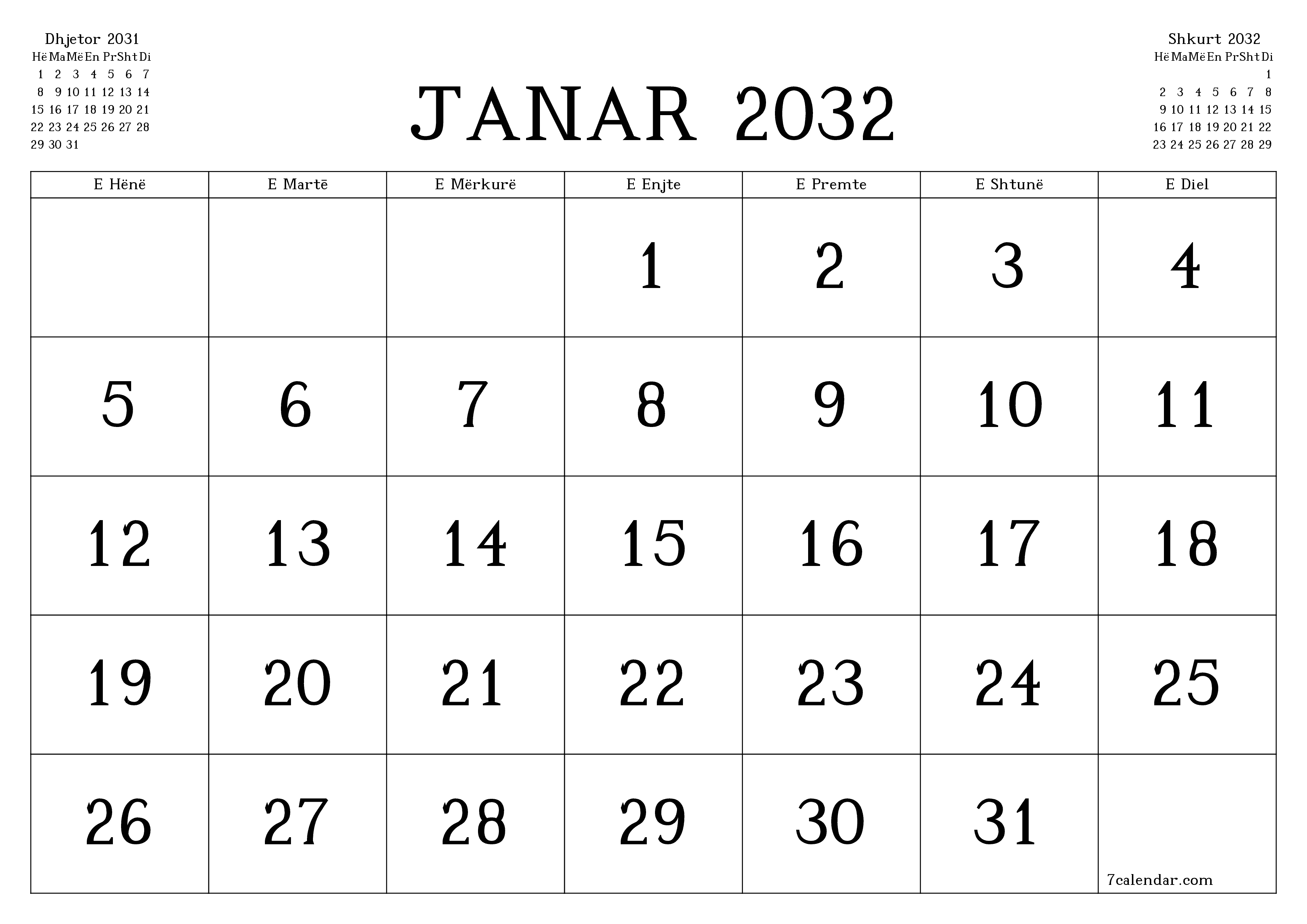 Planifikuesi i zbrazët i kalendarit mujor për muajin Janar 2032 me shënime të ruajtura dhe të printuara në PDF PNG Albanian