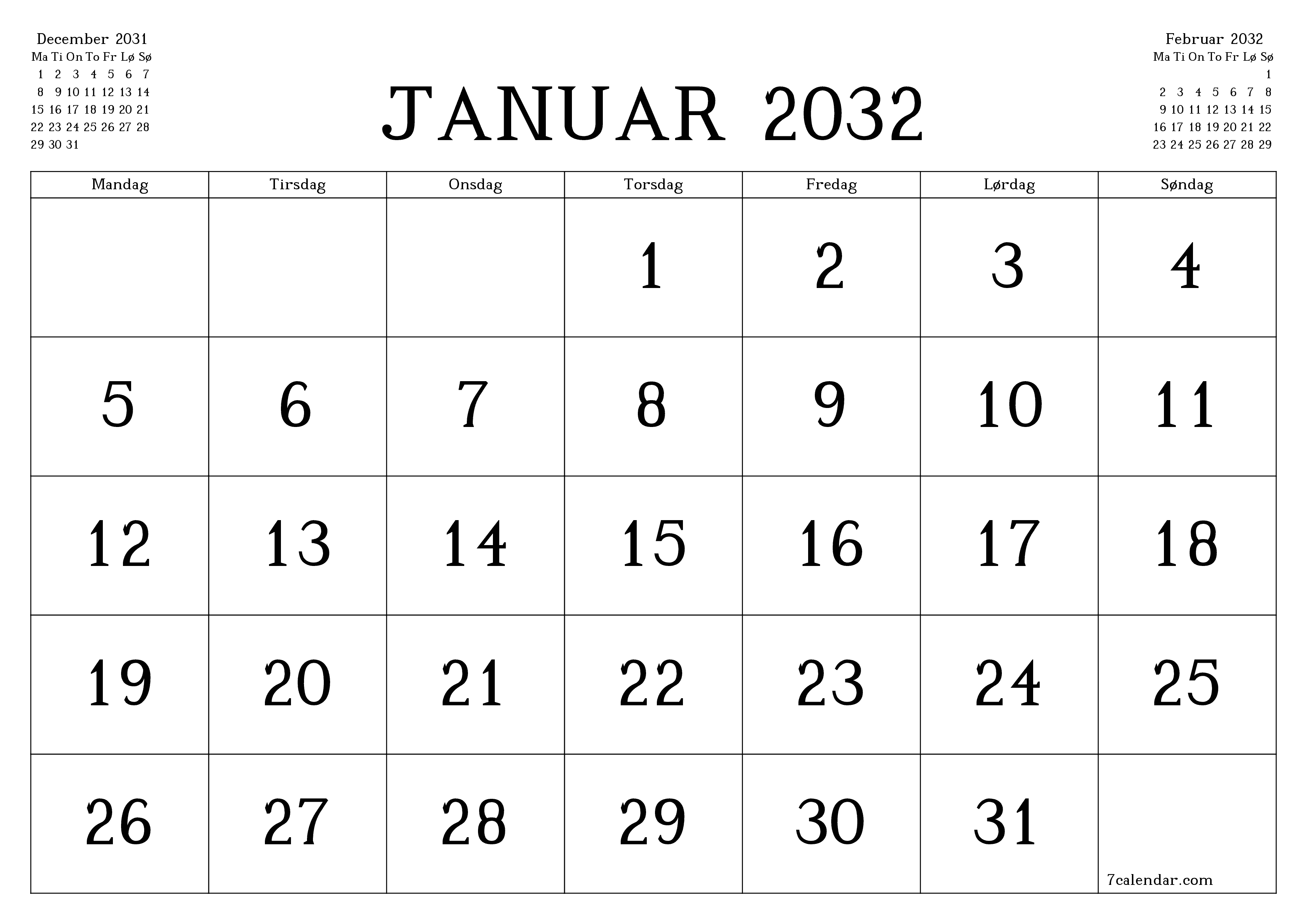 Tom månedlig planlægning for måned Januar 2032 med noter, gem og udskriv til PDF PNG Danish