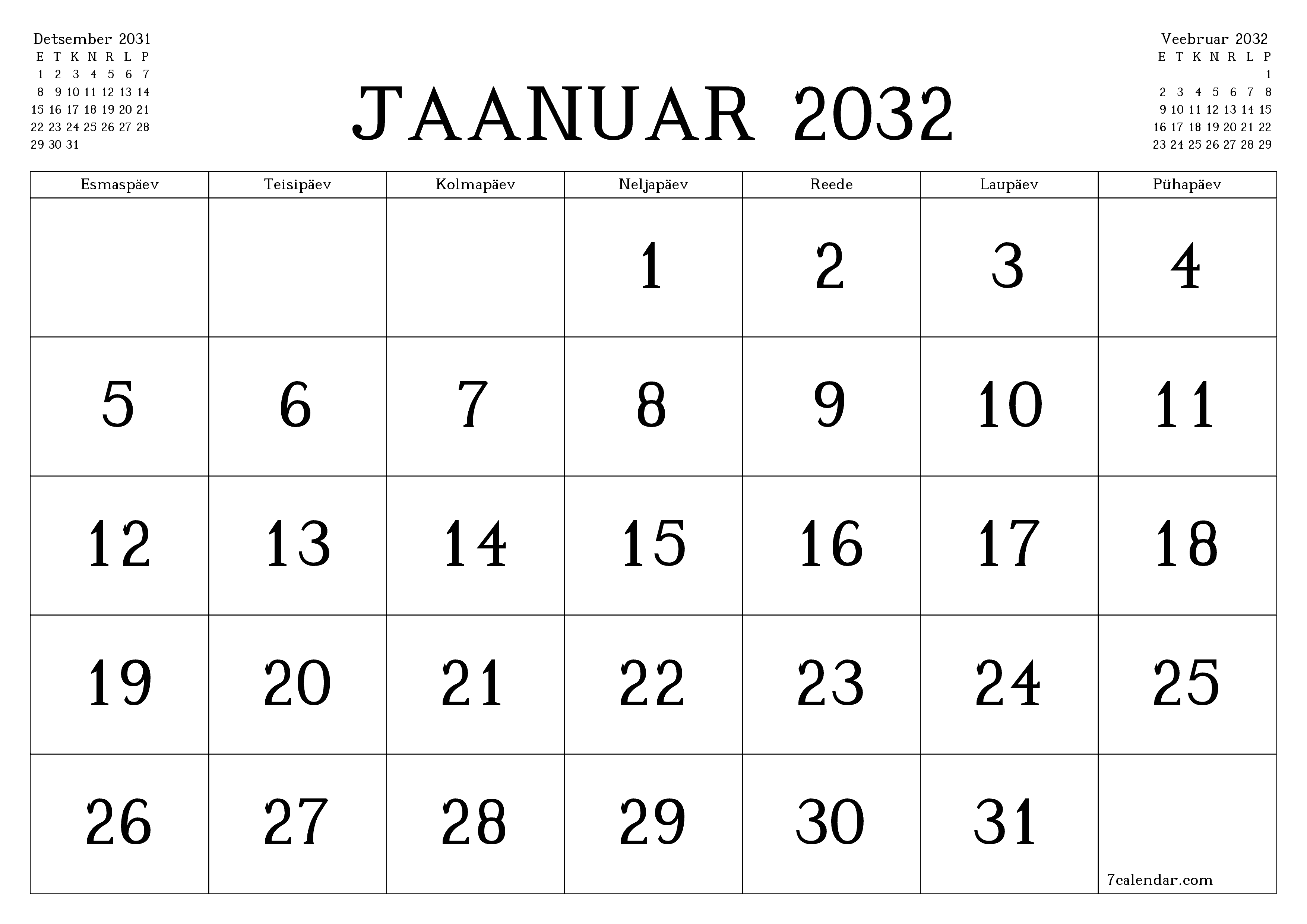 Tühjendage kuu Jaanuar 2032 kuuplaneerija märkmetega, salvestage ja printige PDF-i PNG Estonian