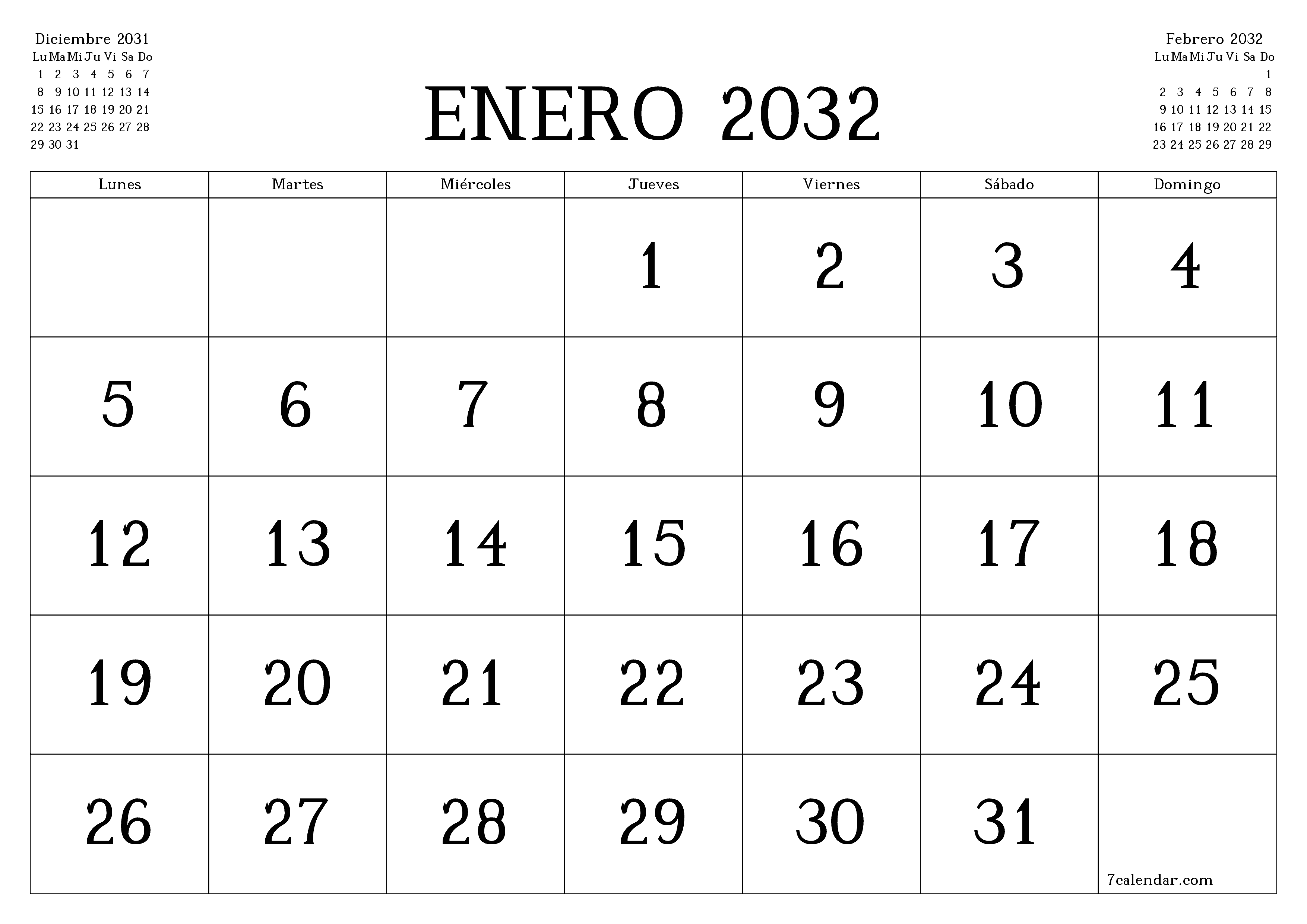Planificador mensual vacío para el mes Enero 2032 con notas, guardar e imprimir en PDF PNG Spanish