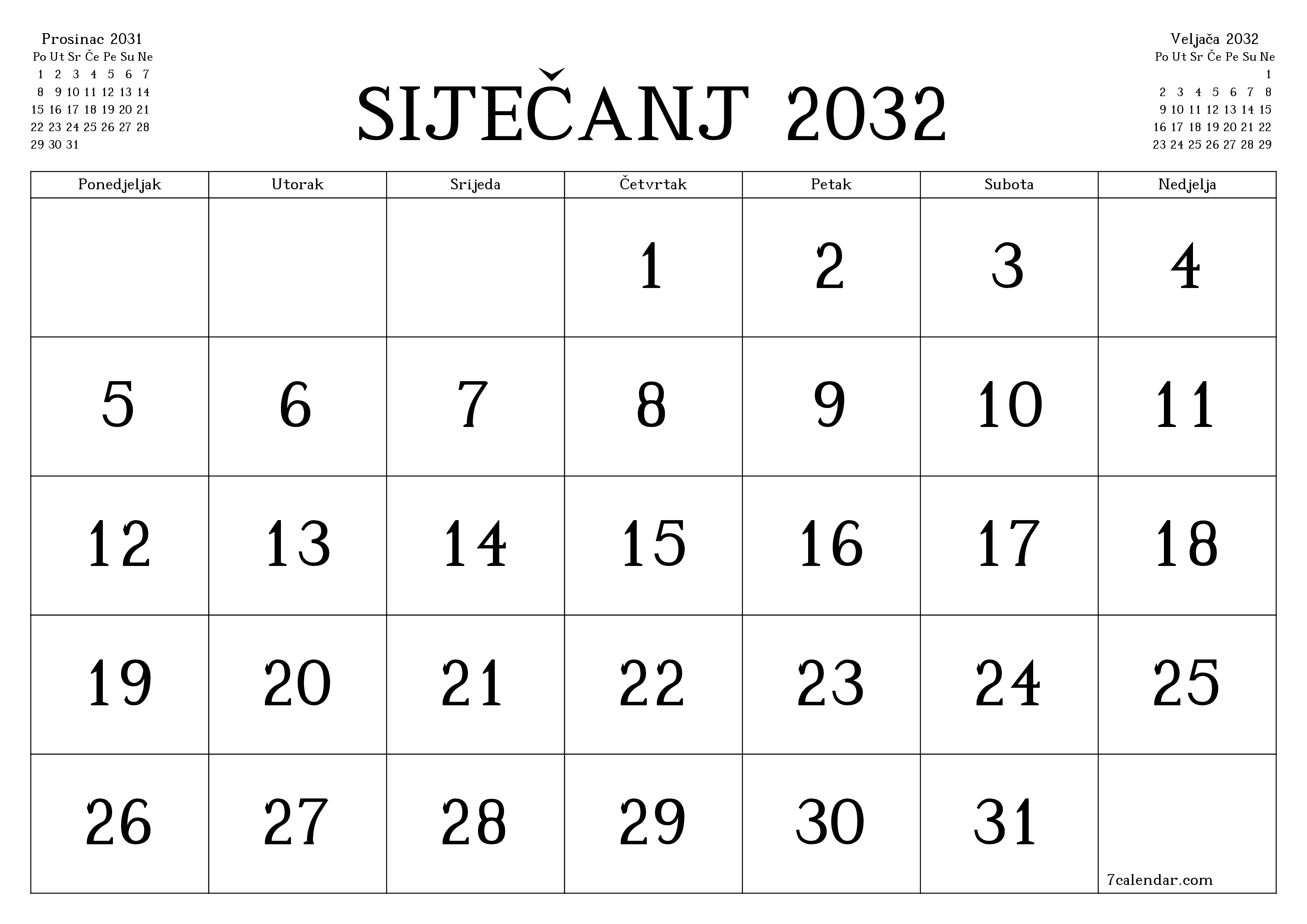 Ispraznite mjesečni planer za mjesec Siječanj 2032 s bilješkama, spremite i ispišite u PDF PNG Croatian