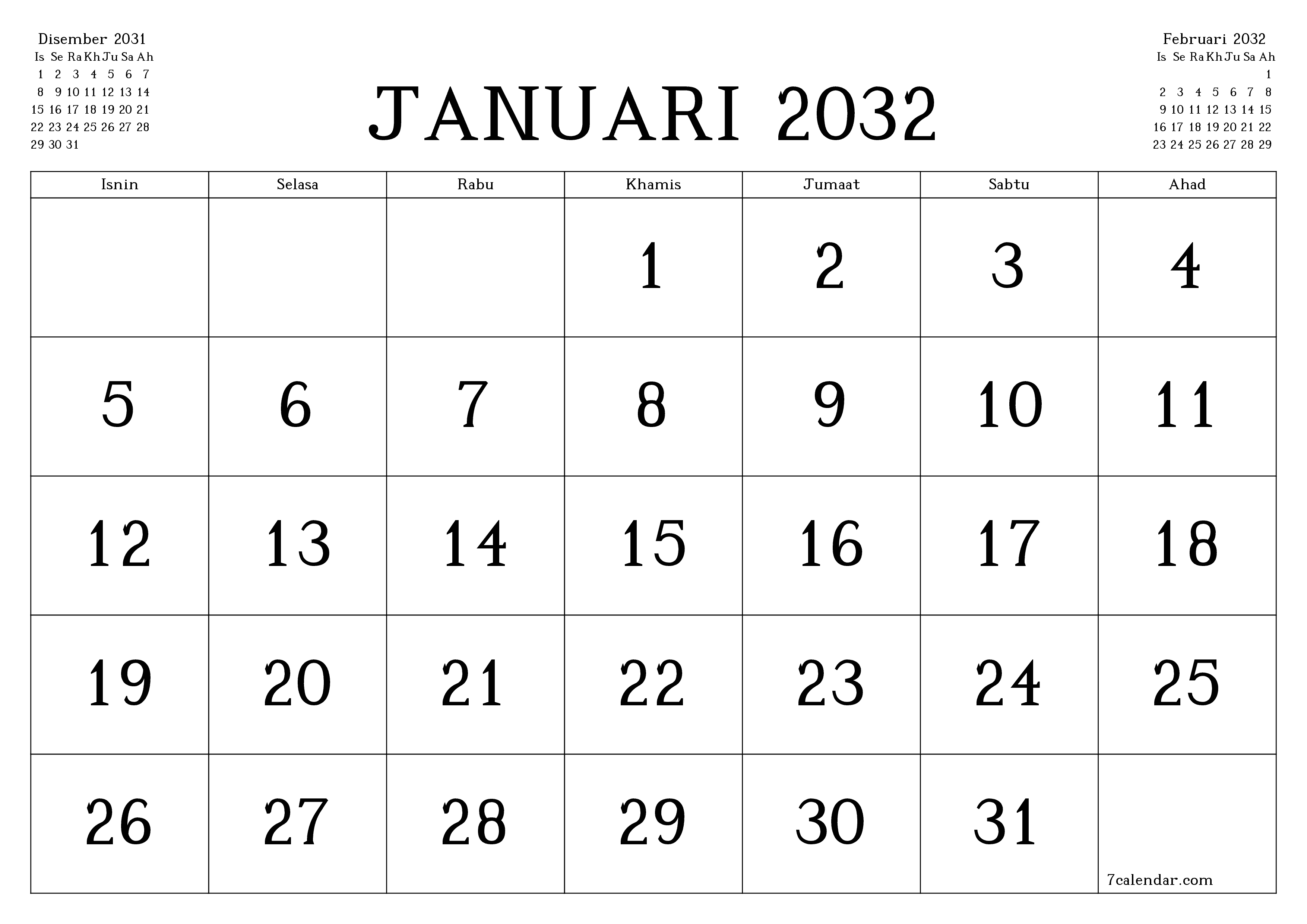 Perancang bulanan kosong untuk bulan Januari 2032 dengan nota, simpan dan cetak ke PDF PNG Malay