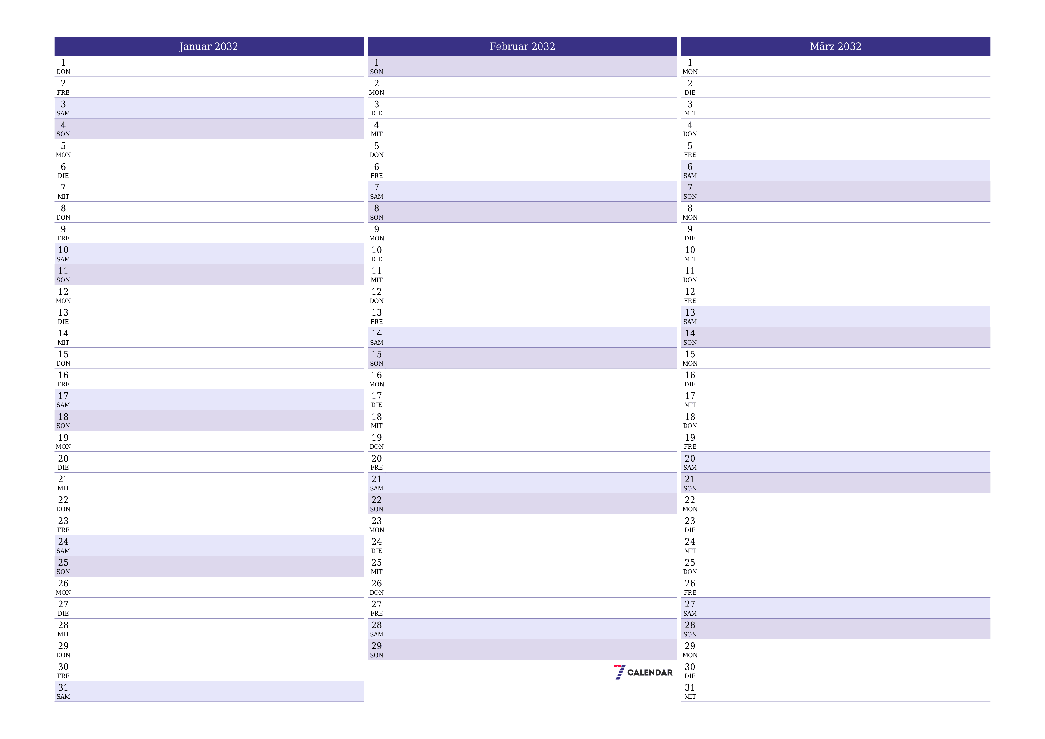 Monatsplaner für Monat Januar 2032 mit Notizen leeren, speichern und als PDF PNG German - 7calendar.com drucken