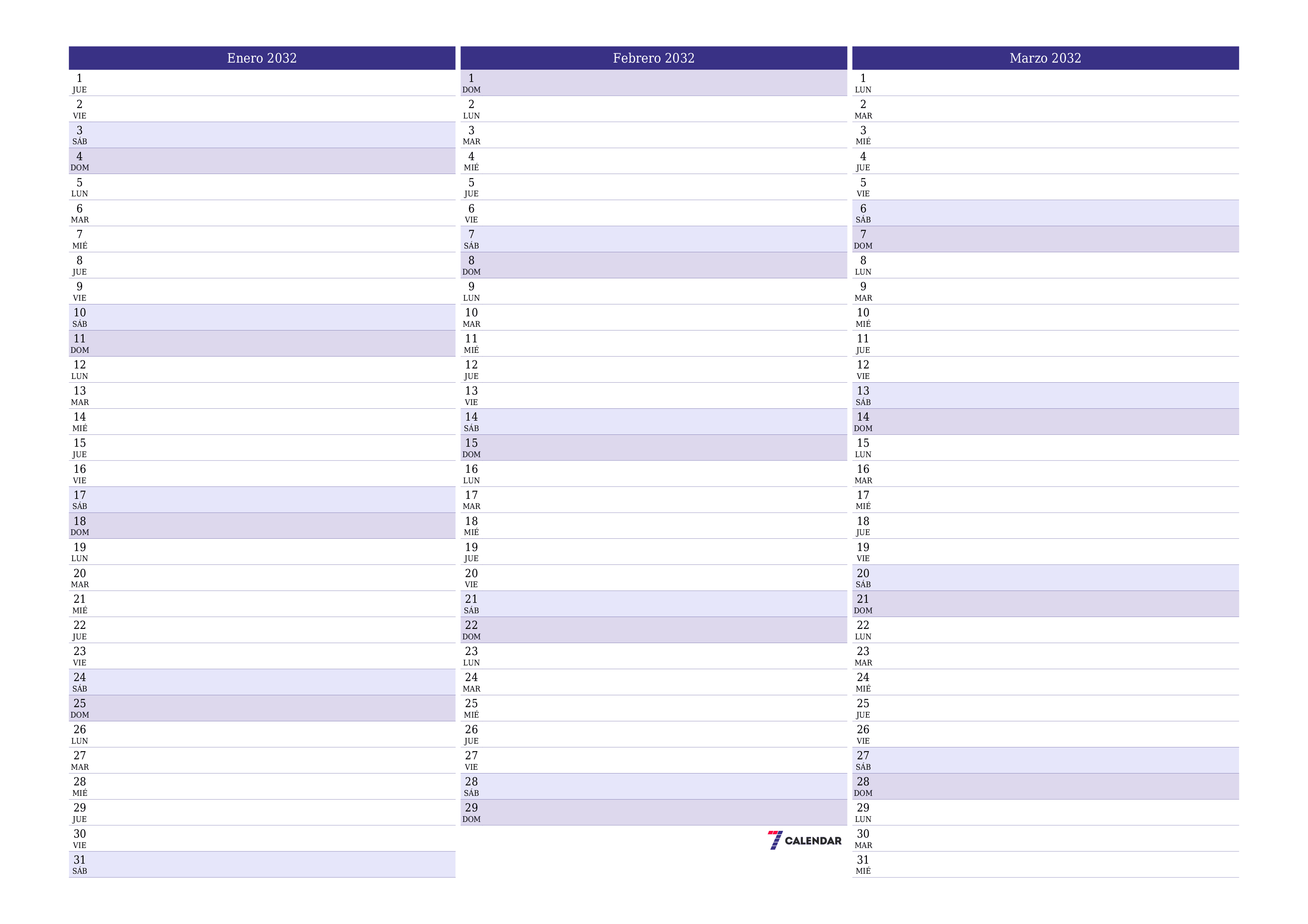 Planificador mensual vacío para el mes Enero 2032 con notas, guardar e imprimir en PDF PNG Spanish