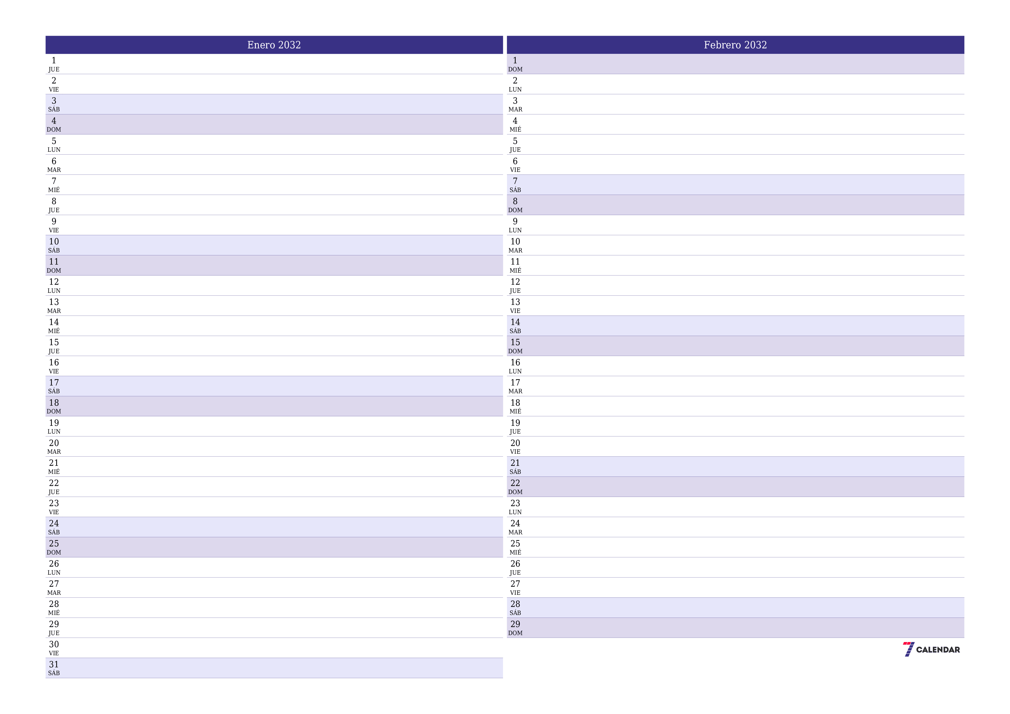 Planificador mensual vacío para el mes Enero 2032 con notas, guardar e imprimir en PDF PNG Spanish
