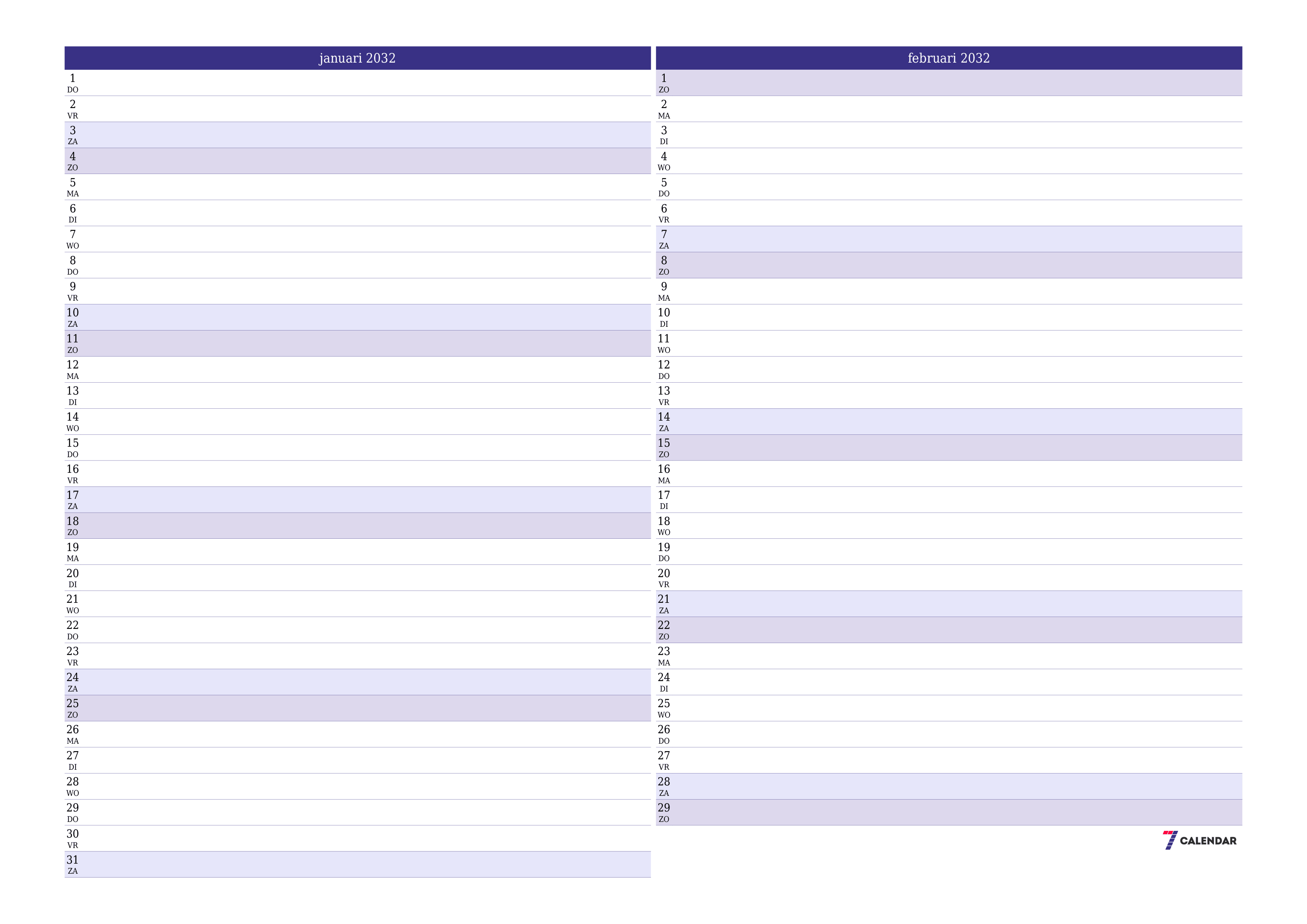 Lege maandplanner voor maand januari 2032 met notities, opslaan en afdrukken naar pdf PNG Dutch