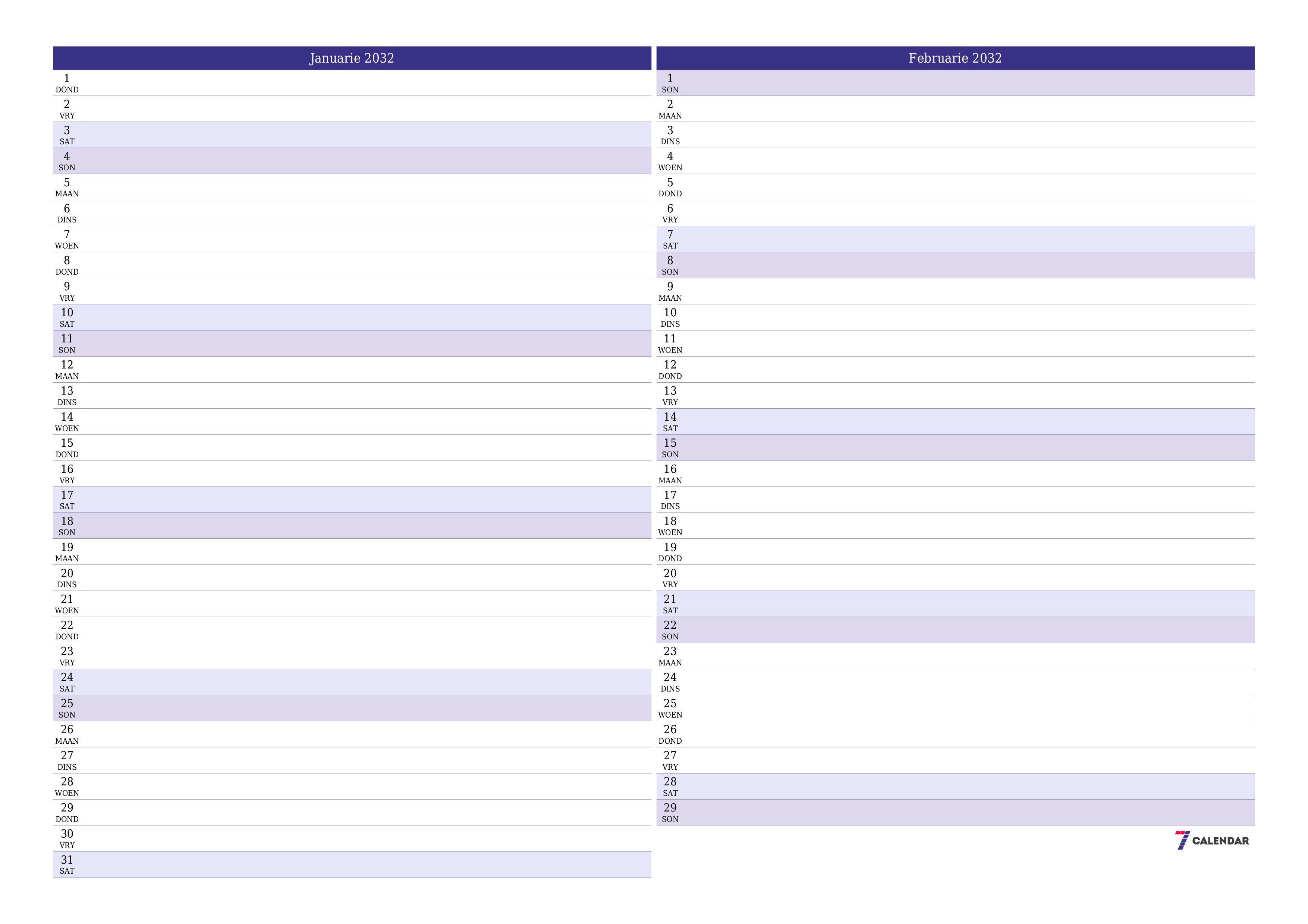 Leë maandelikse drukbare kalender en beplanner vir maand Januarie 2032 met notas stoor en druk na PDF PNG Afrikaans