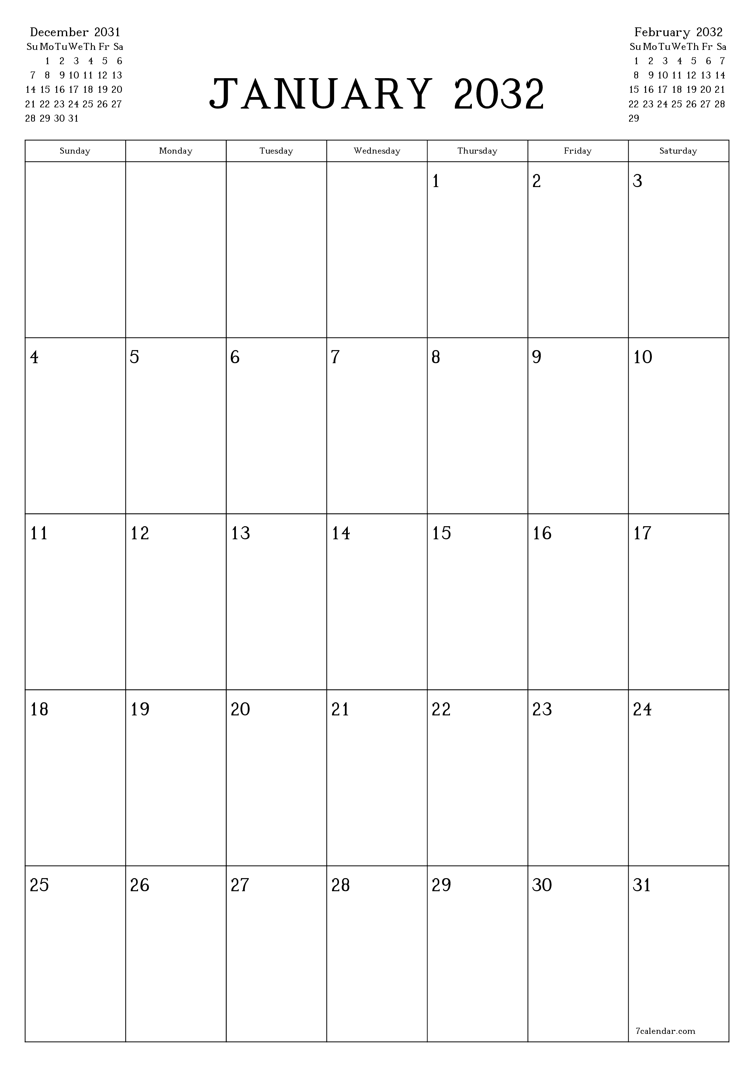 Blank calendar January 2032