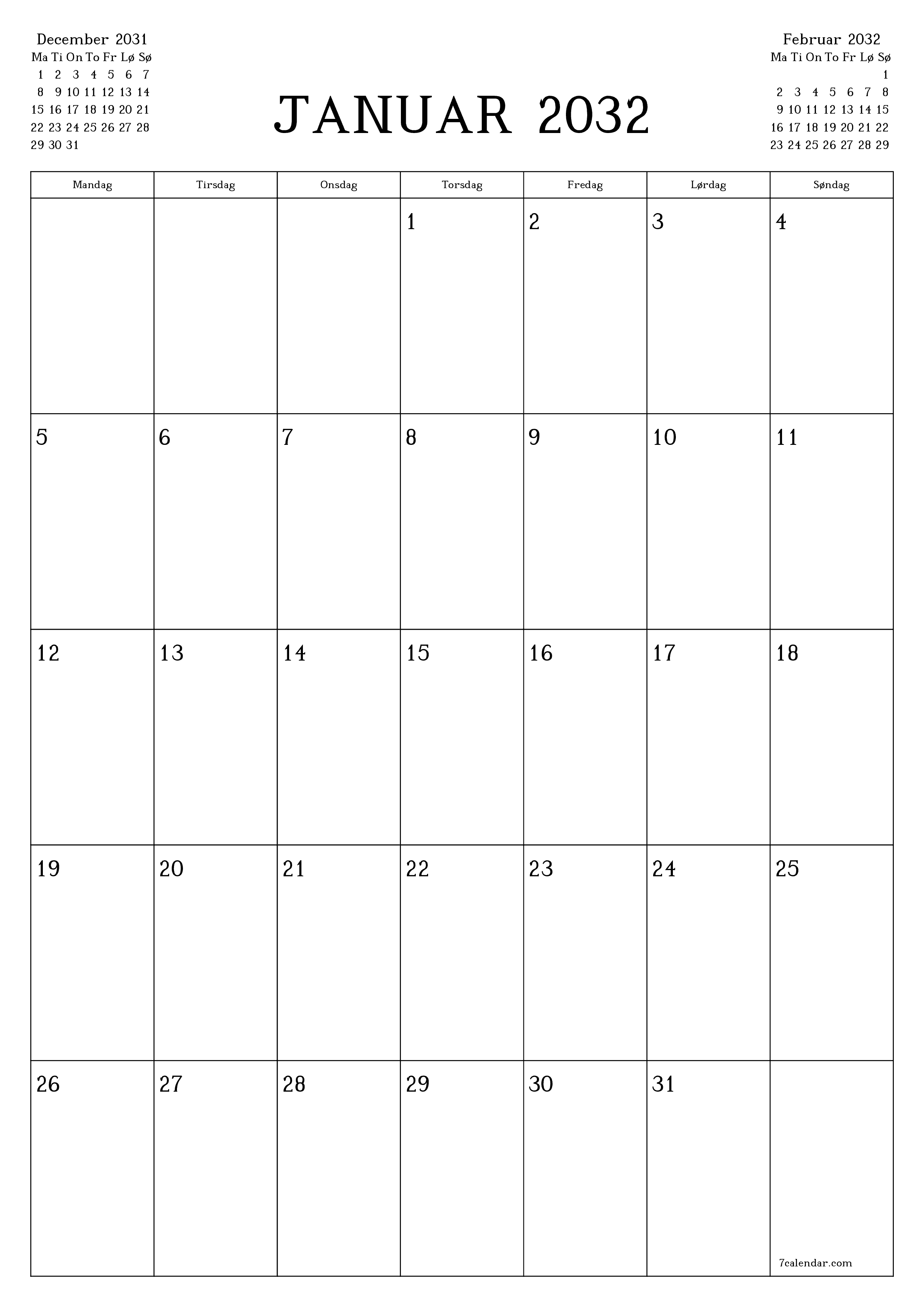 udskrivbar væg skabelon gratis lodret Månedlig planlægger kalender Januar (Jan) 2032