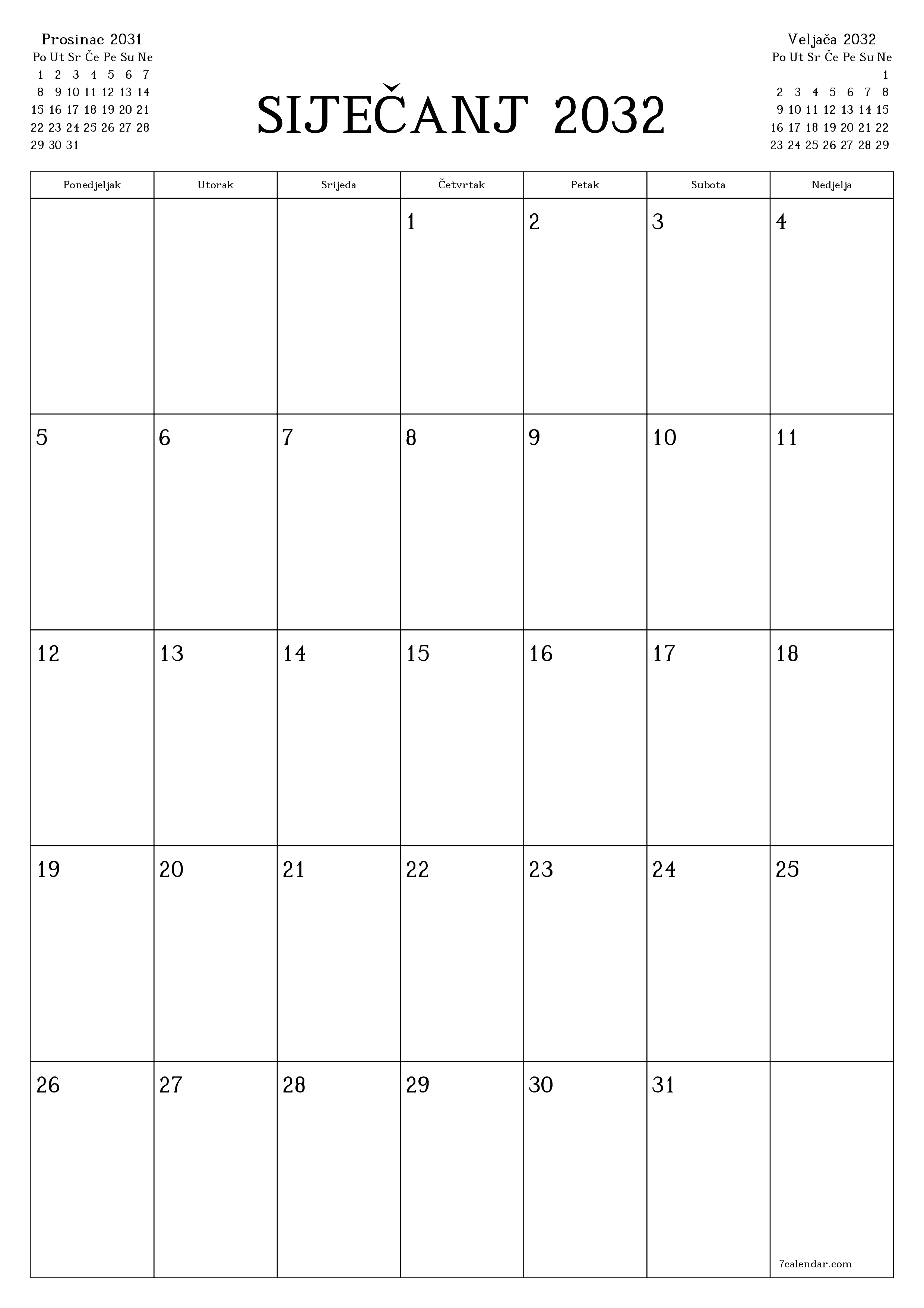  za ispis zidni predložak a besplatni okomito Mjesečni planer kalendar Siječanj (Sij) 2032