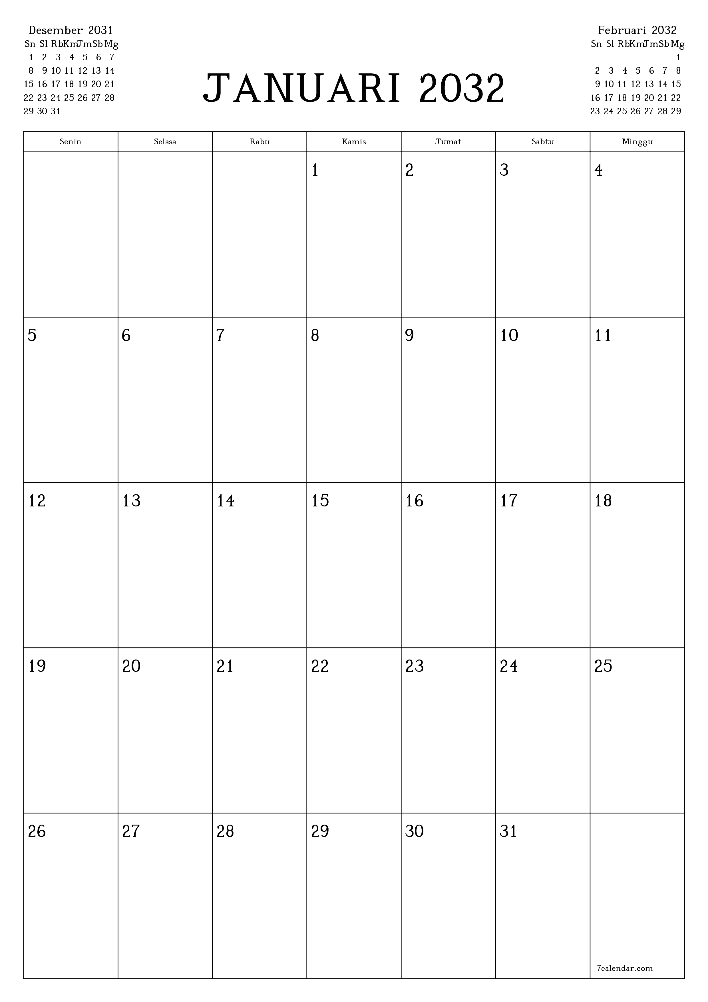 Kosongkan agenda bulanan untuk bulan Januari 2032 dengan catatan, simpan dan cetak ke PDF PNG Indonesian