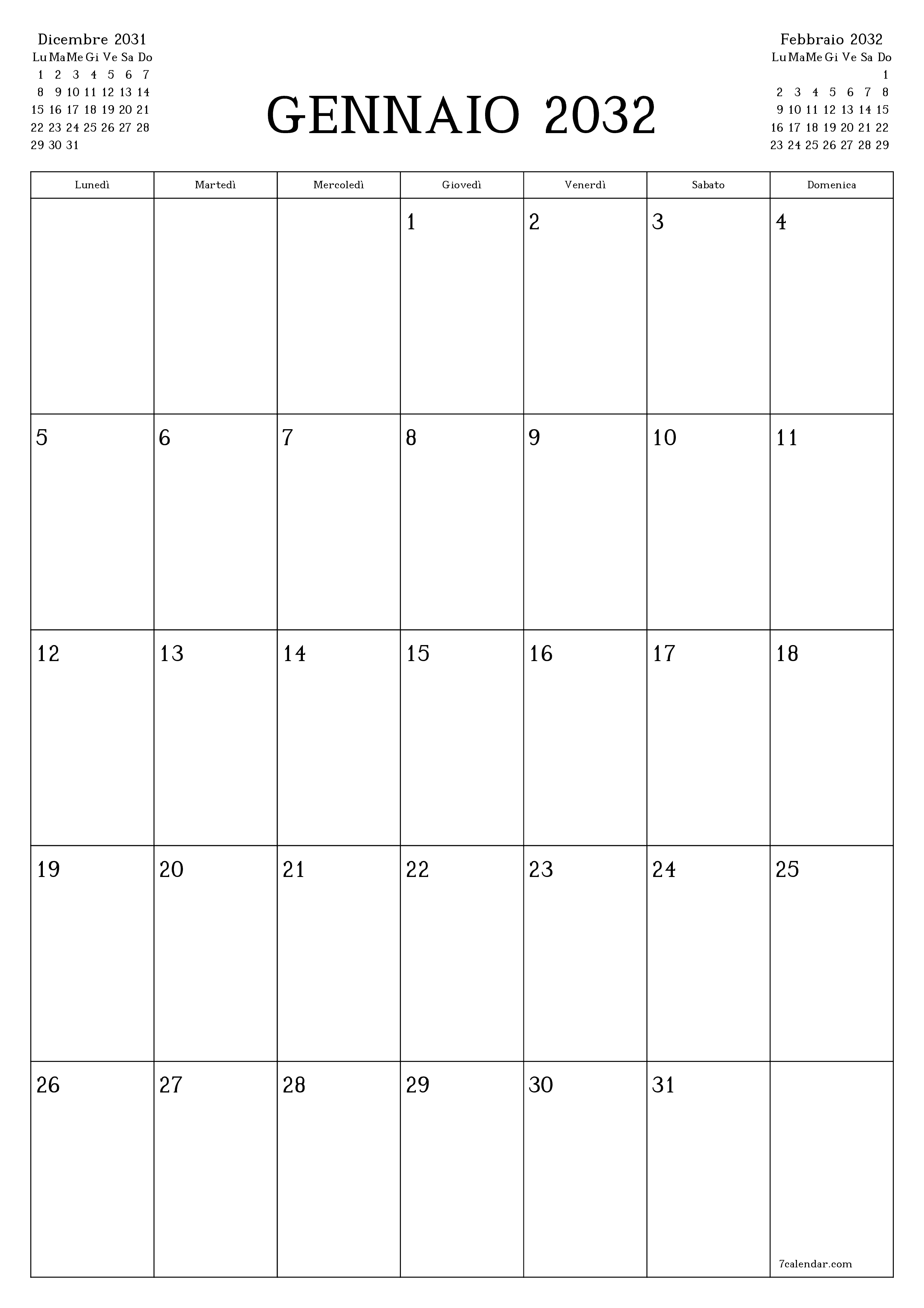  stampabile da parete modello di gratuitoverticale Mensile pianificatore calendario Gennaio (Gen) 2032
