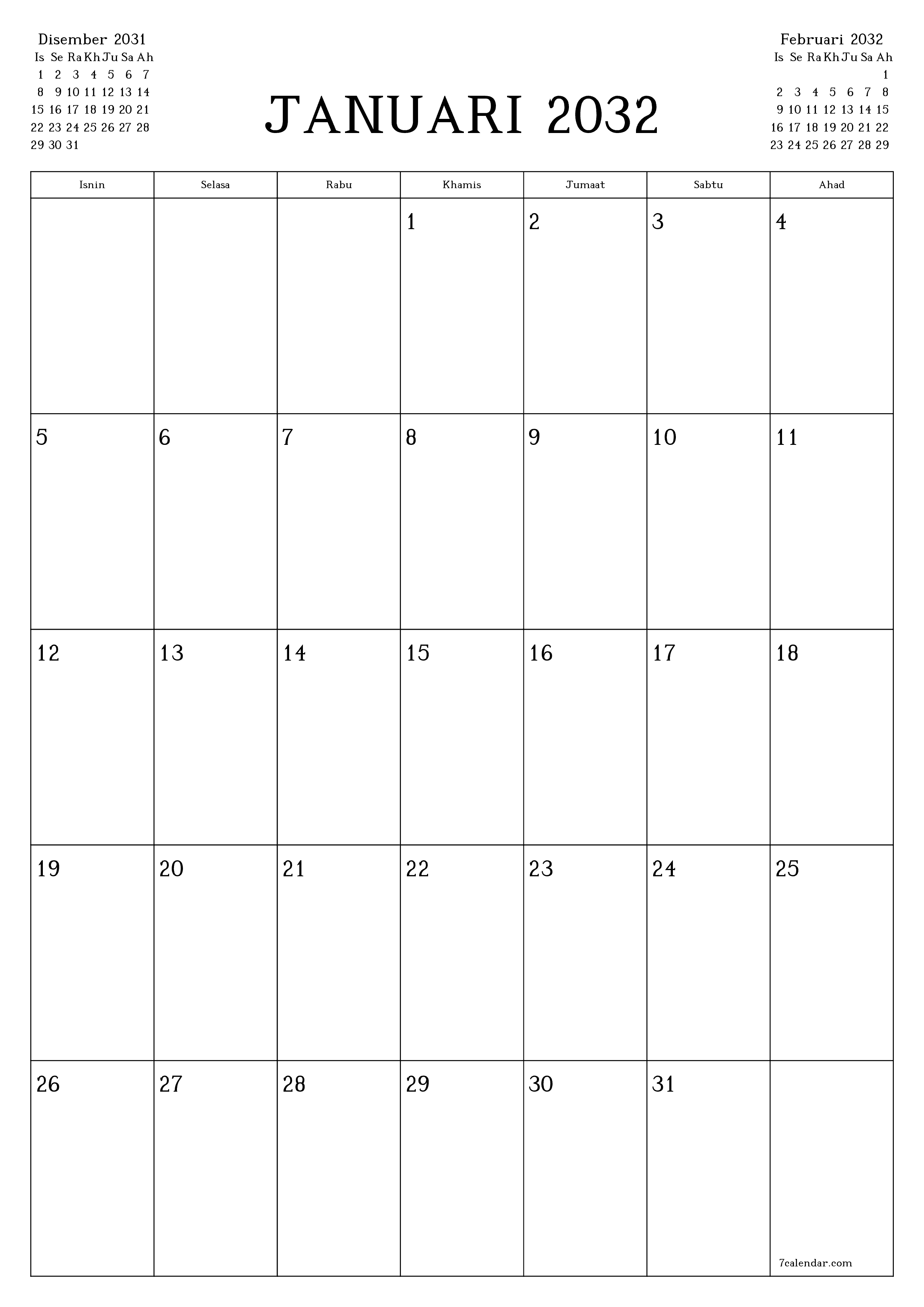  boleh cetak dinding templat percumamenegak Bulanan perancang kalendar Januari (Jan) 2032