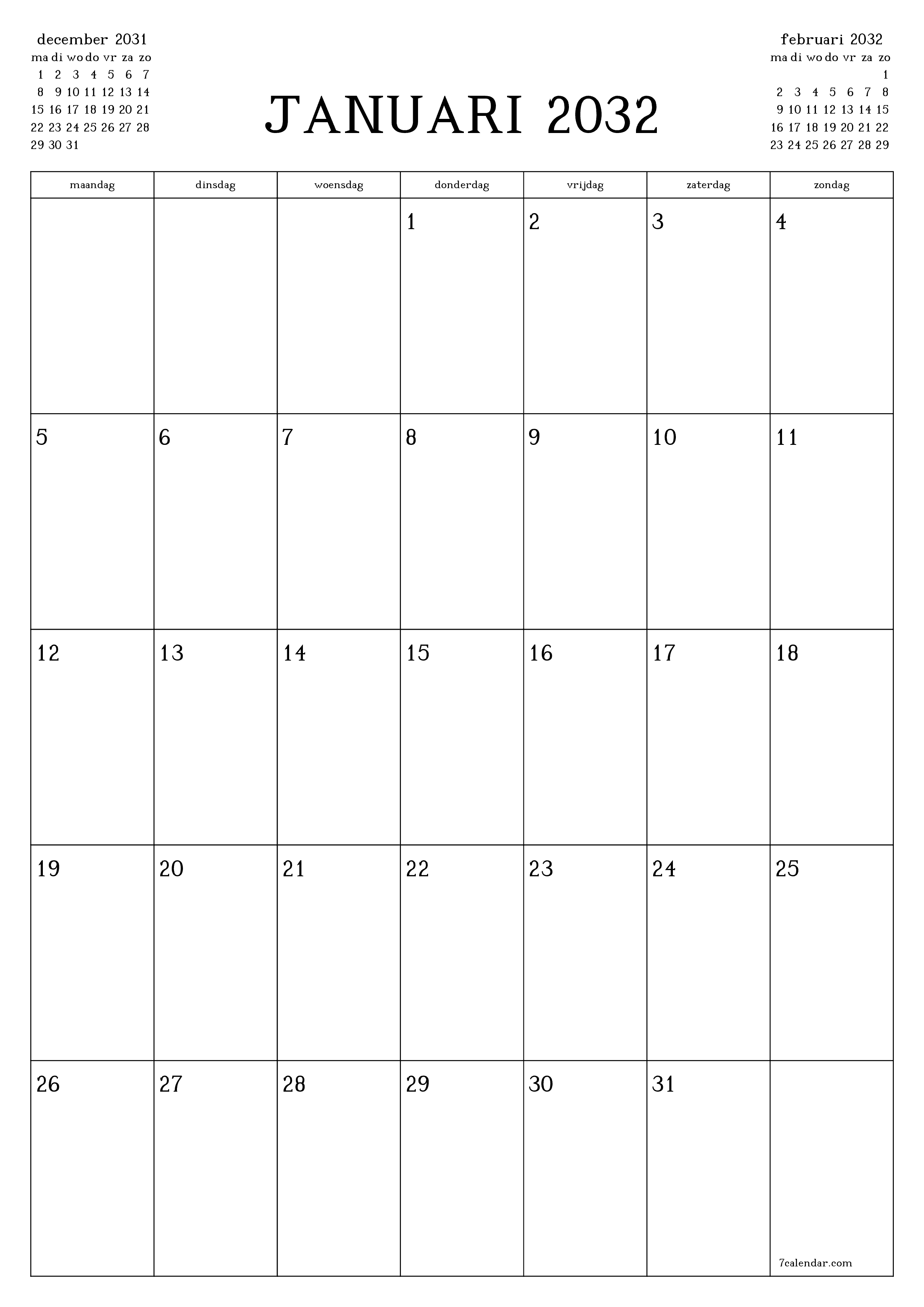 afdrukbare muur sjabloon gratis verticaal Maandelijks planner kalender januari (jan) 2032