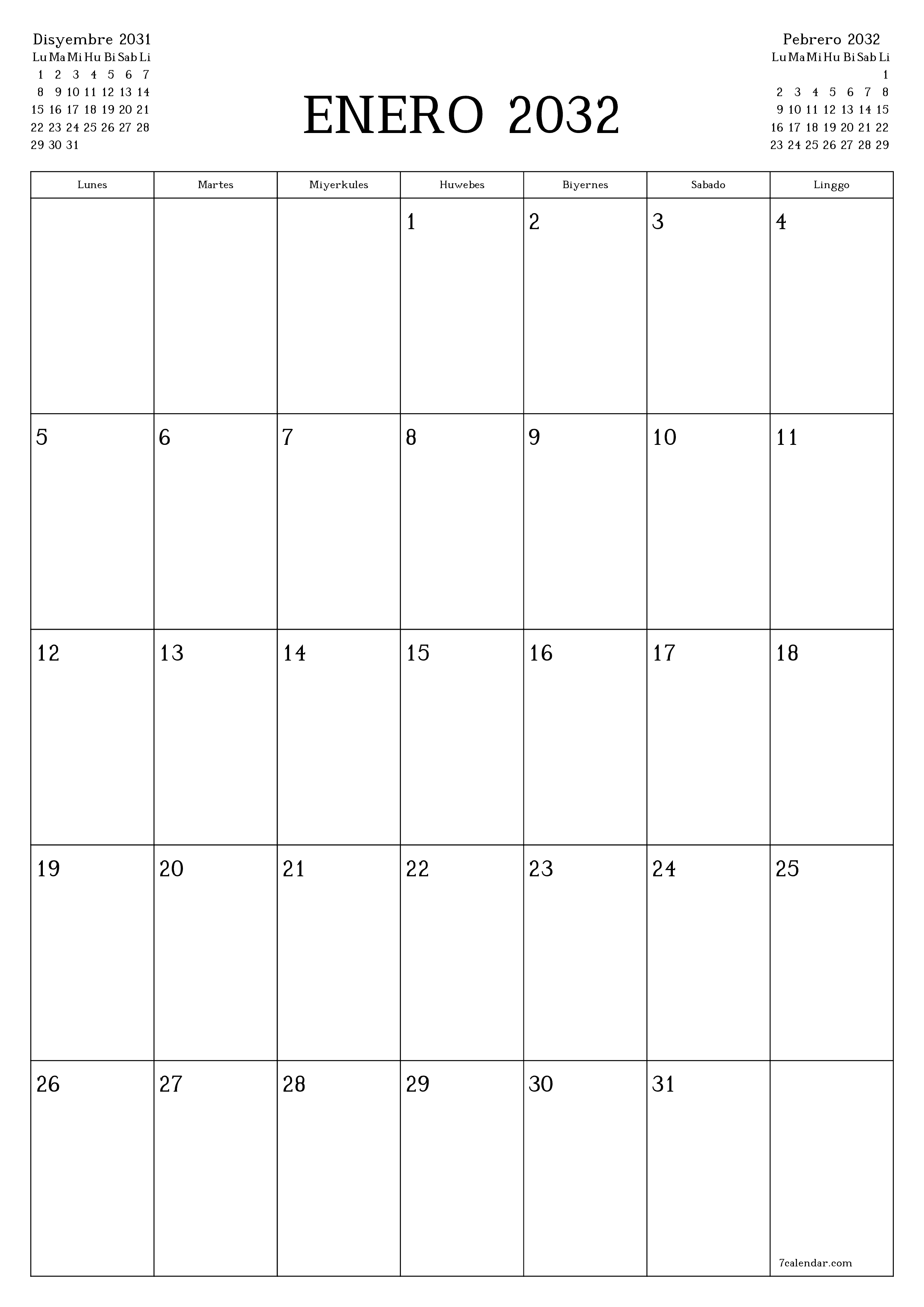 Walang laman na buwanang tagaplano para sa buwan na Enero 2032 na may mga tala, i-save at i-print sa PDF PNG Filipino