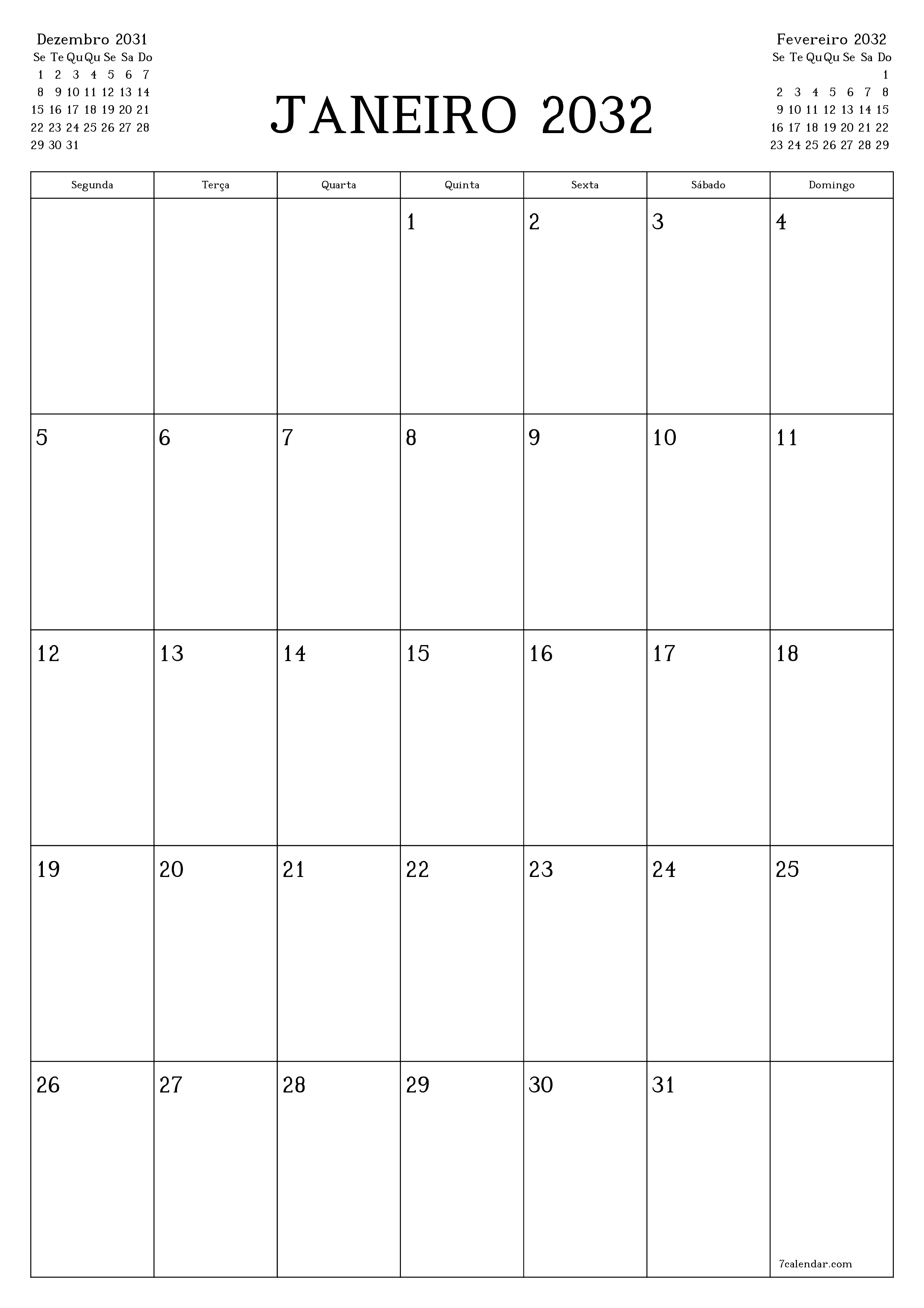  para impressão de parede modelo de grátisvertical Mensal planejador calendário Janeiro (Jan) 2032