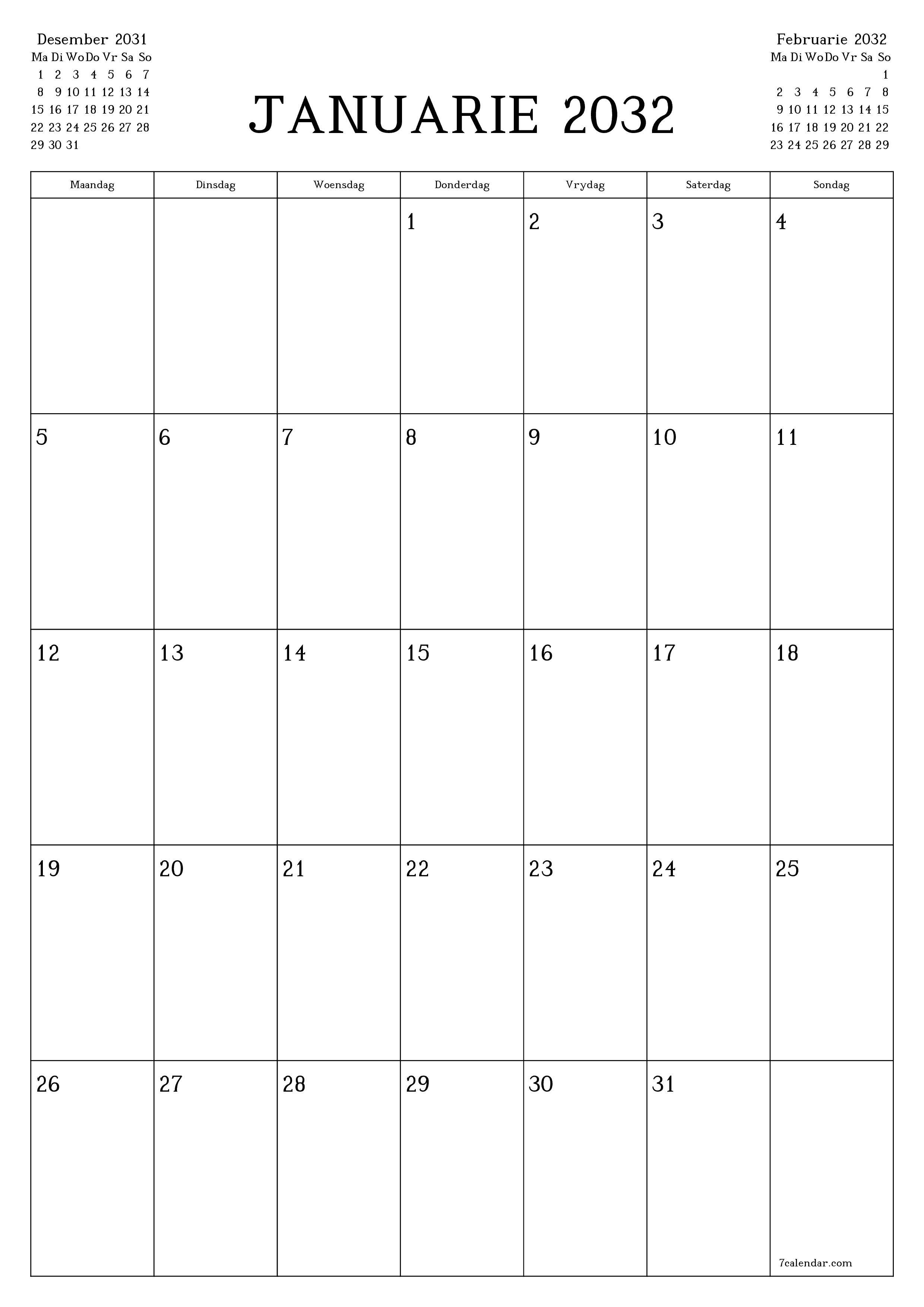 drukbare muur template gratis vertikaal Maandeliks beplanner kalender Januarie (Jan) 2032