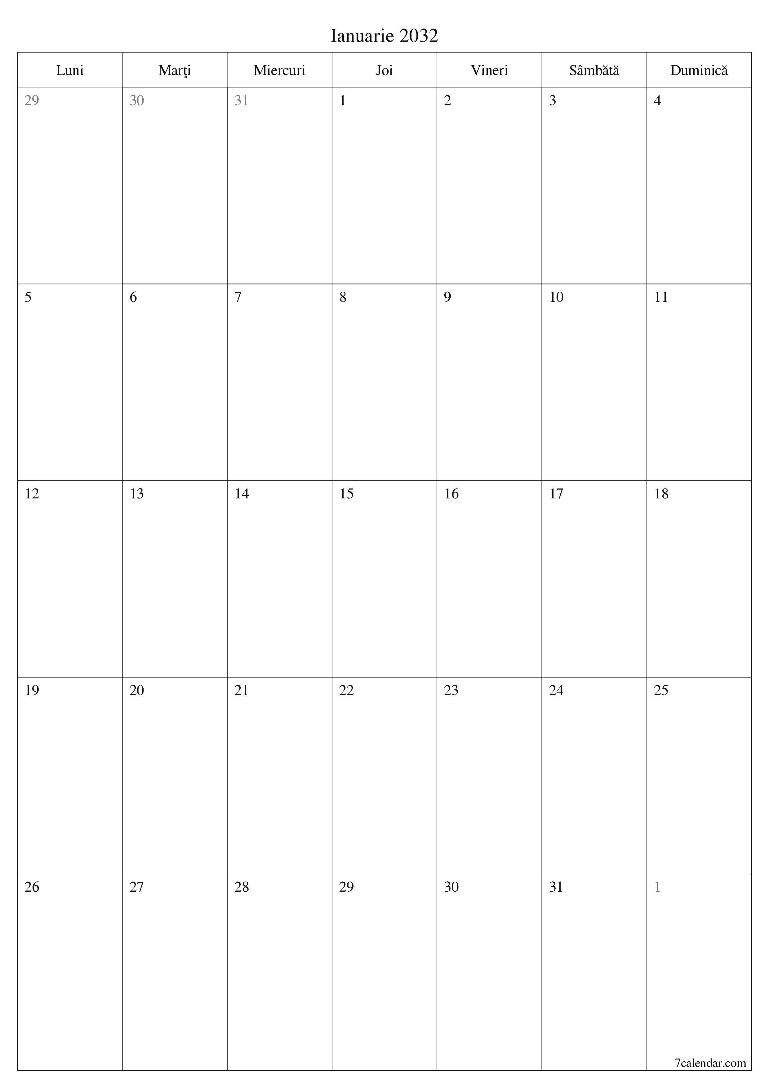  imprimabil de perete șablon de gratuitvertical Lunar planificator calendar Ianuarie (Ian) 2032