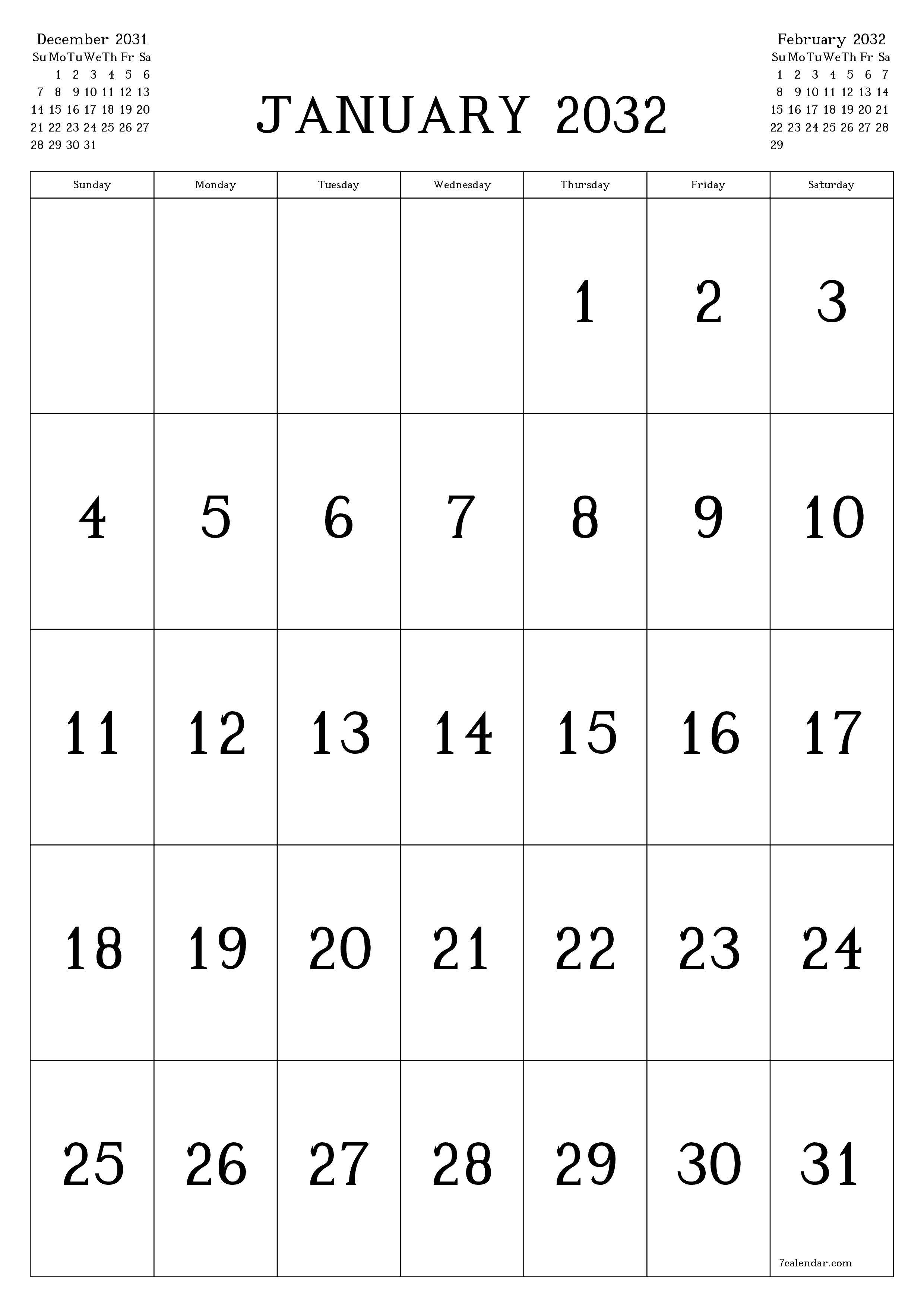 Blank calendar January 2032