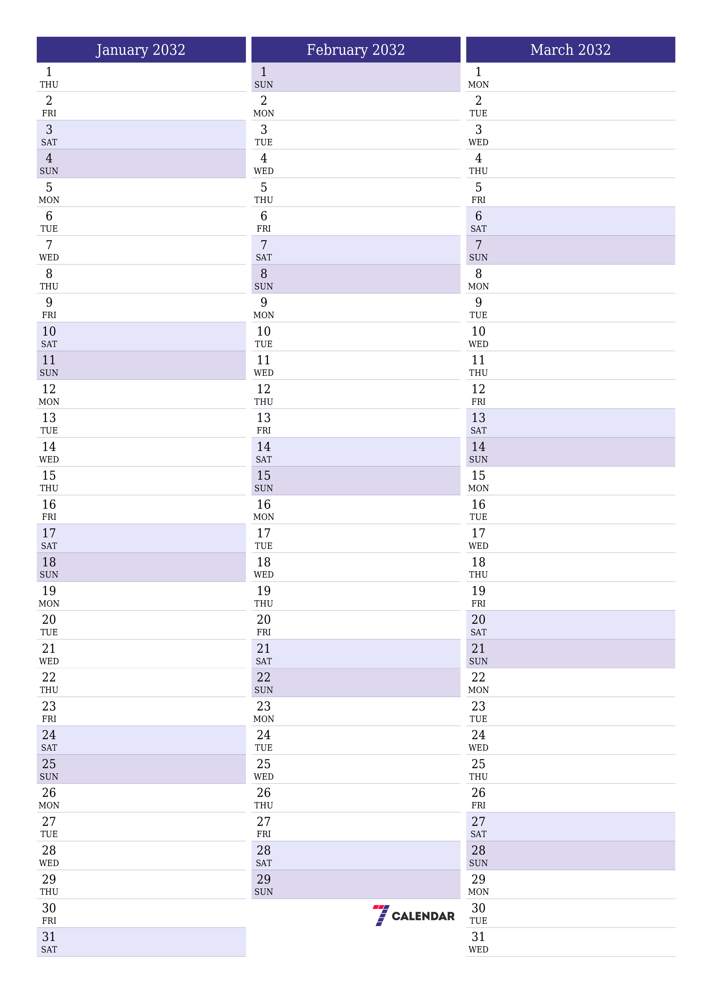Blank calendar January 2032
