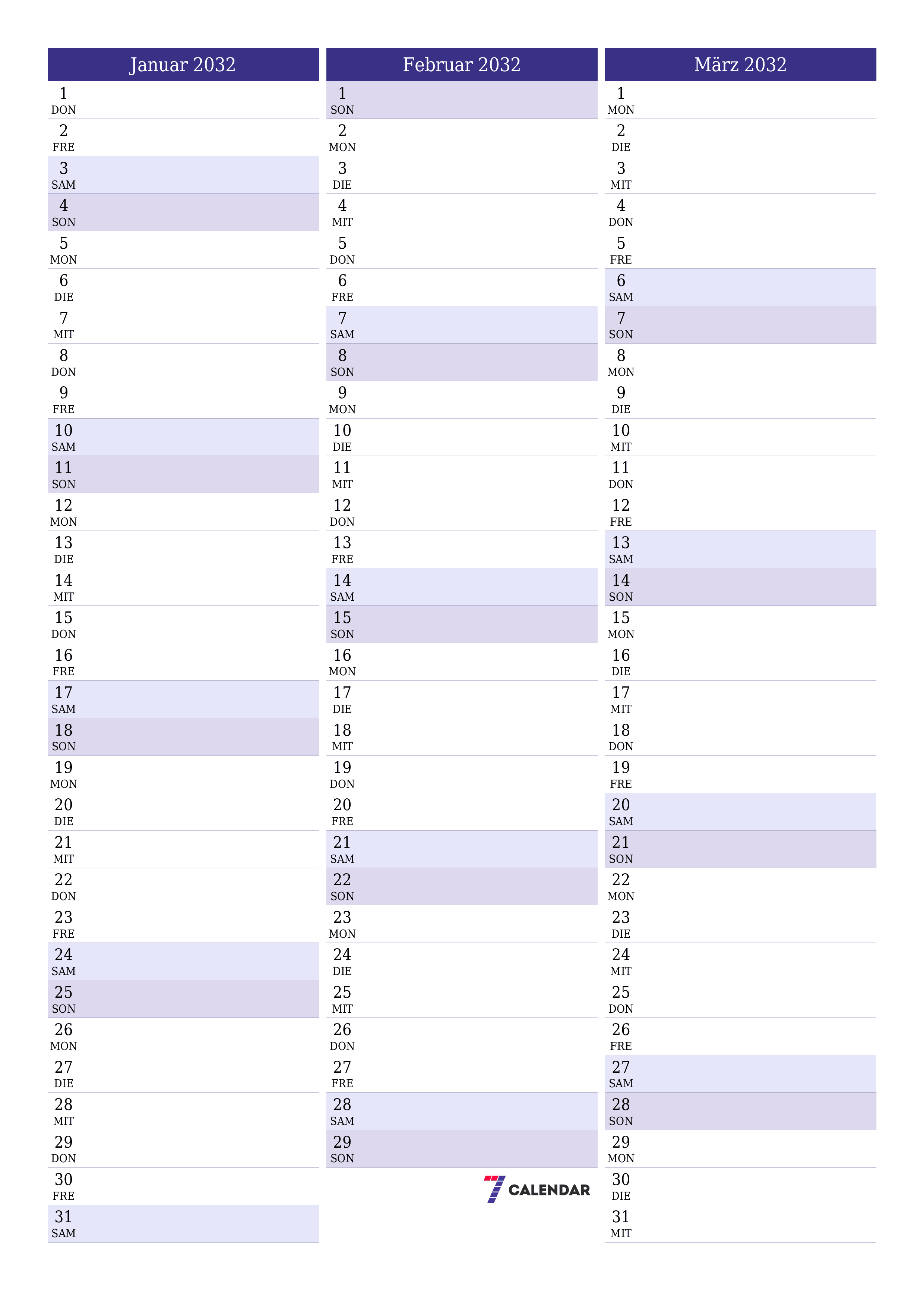  zum Ausdrucken Wandkalender vorlage kostenloser vertikal Monatlich Planer Kalender Januar (Jan) 2032