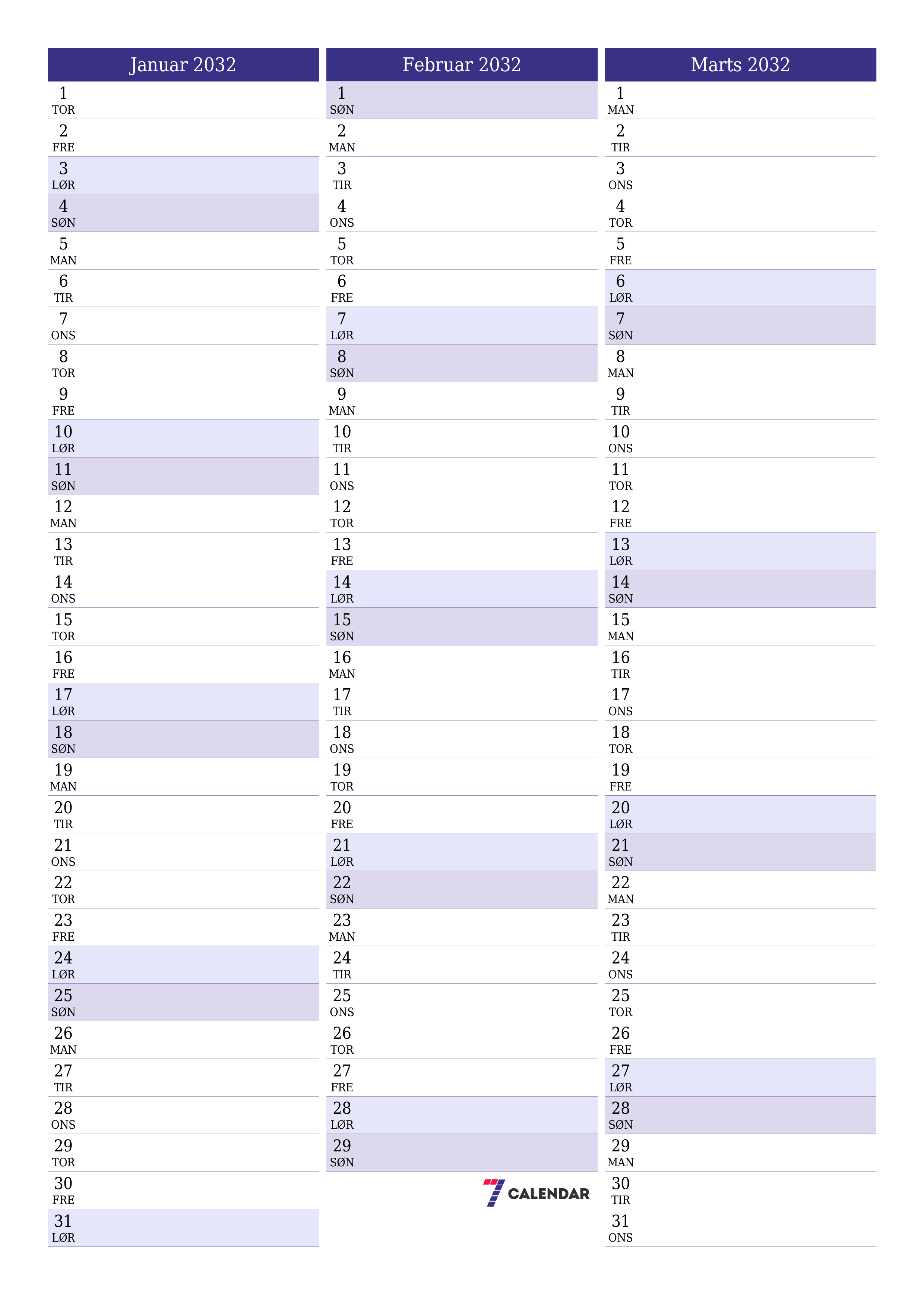 udskrivbar væg skabelon gratis lodret Månedlig planlægger kalender Januar (Jan) 2032