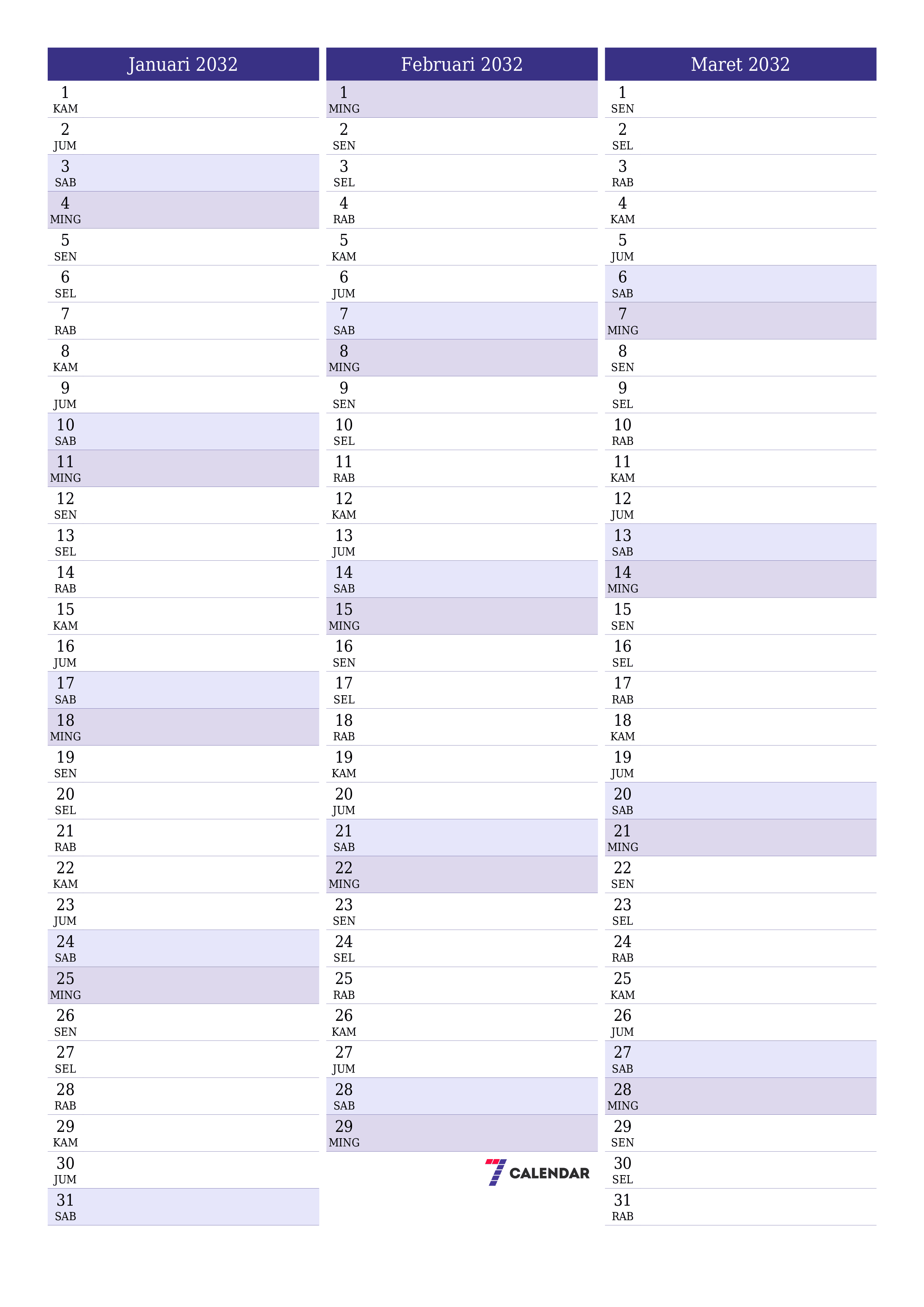 Kosongkan agenda bulanan untuk bulan Januari 2032 dengan catatan, simpan dan cetak ke PDF PNG Indonesian