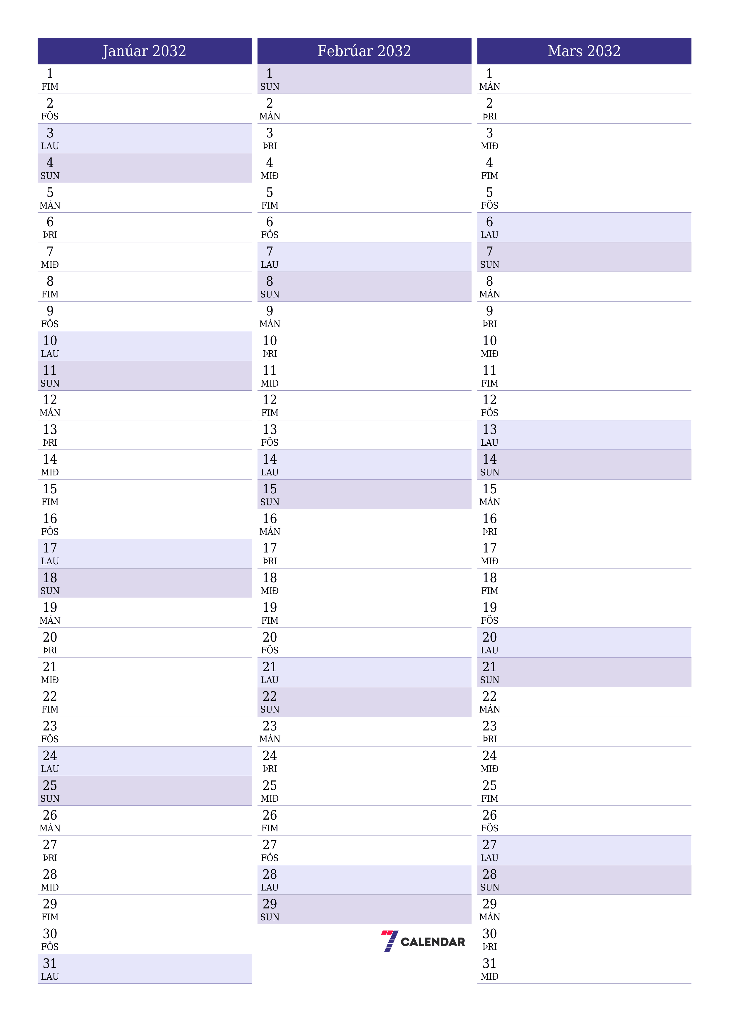 Tómur mánaðarlegur skipuleggjandi fyrir mánuðinn Janúar 2032 með athugasemdum, vista og prenta á PDF PNG Icelandic