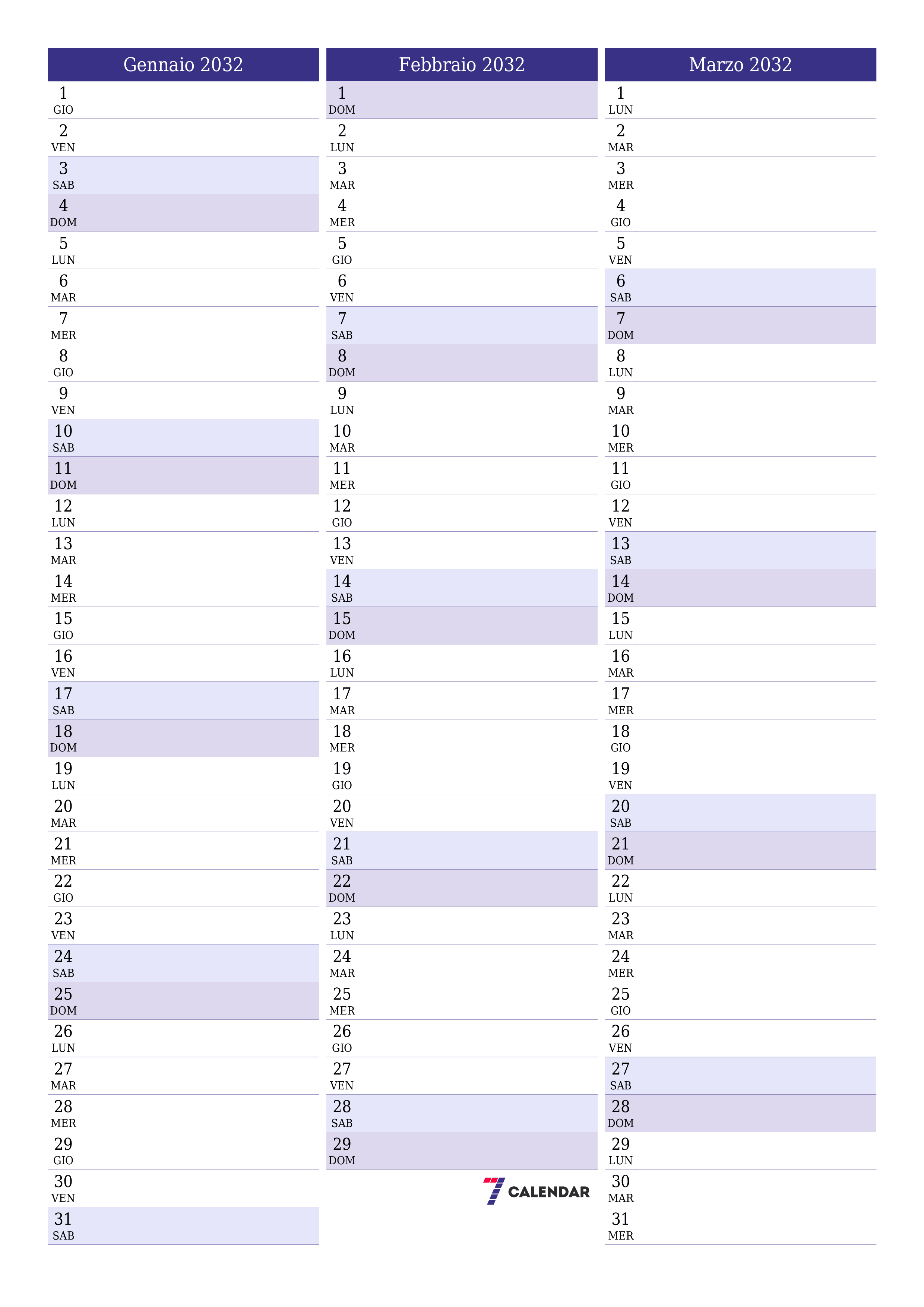  stampabile da parete modello di gratuitoverticale Mensile pianificatore calendario Gennaio (Gen) 2032
