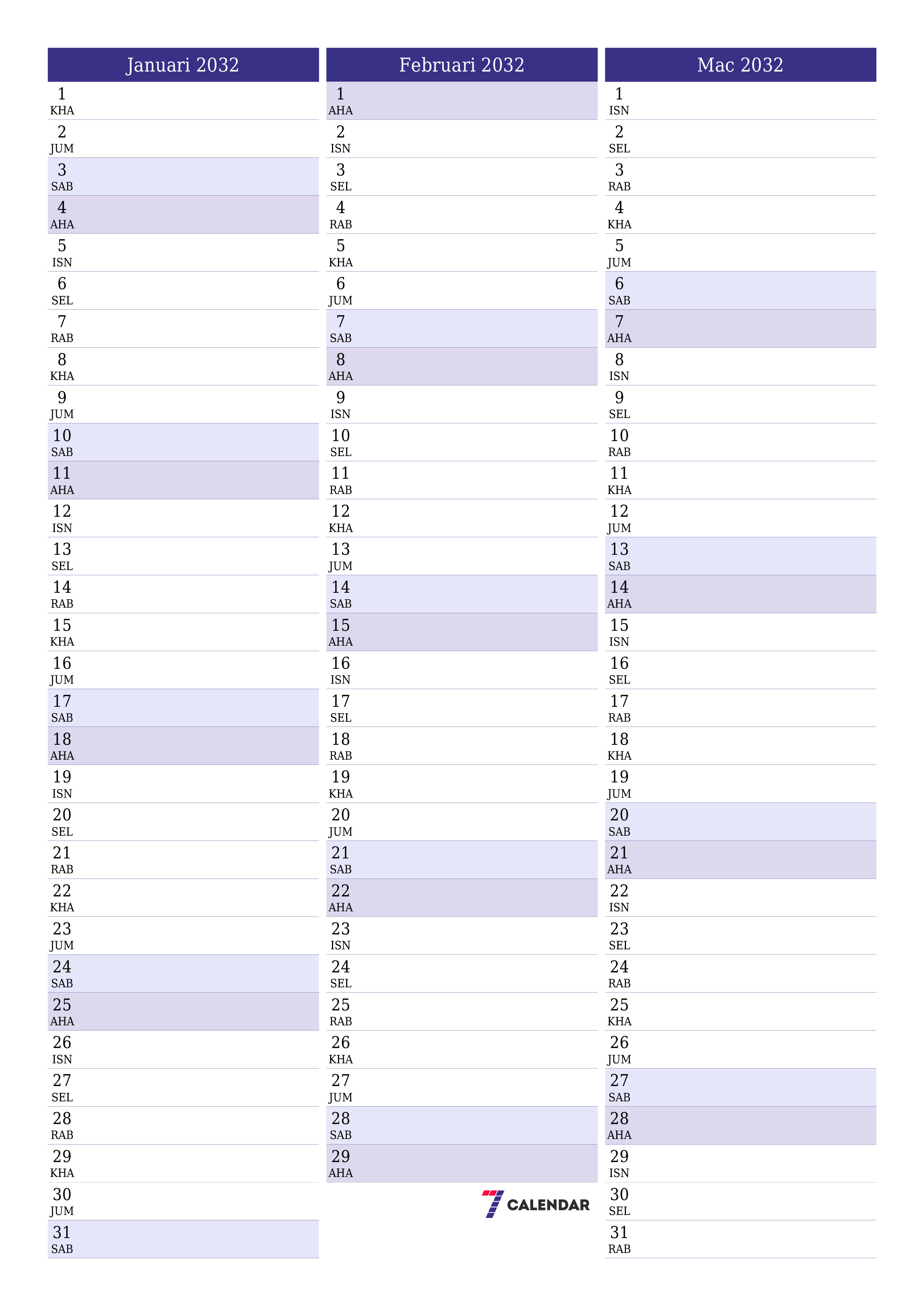  boleh cetak dinding templat percumamenegak Bulanan perancang kalendar Januari (Jan) 2032