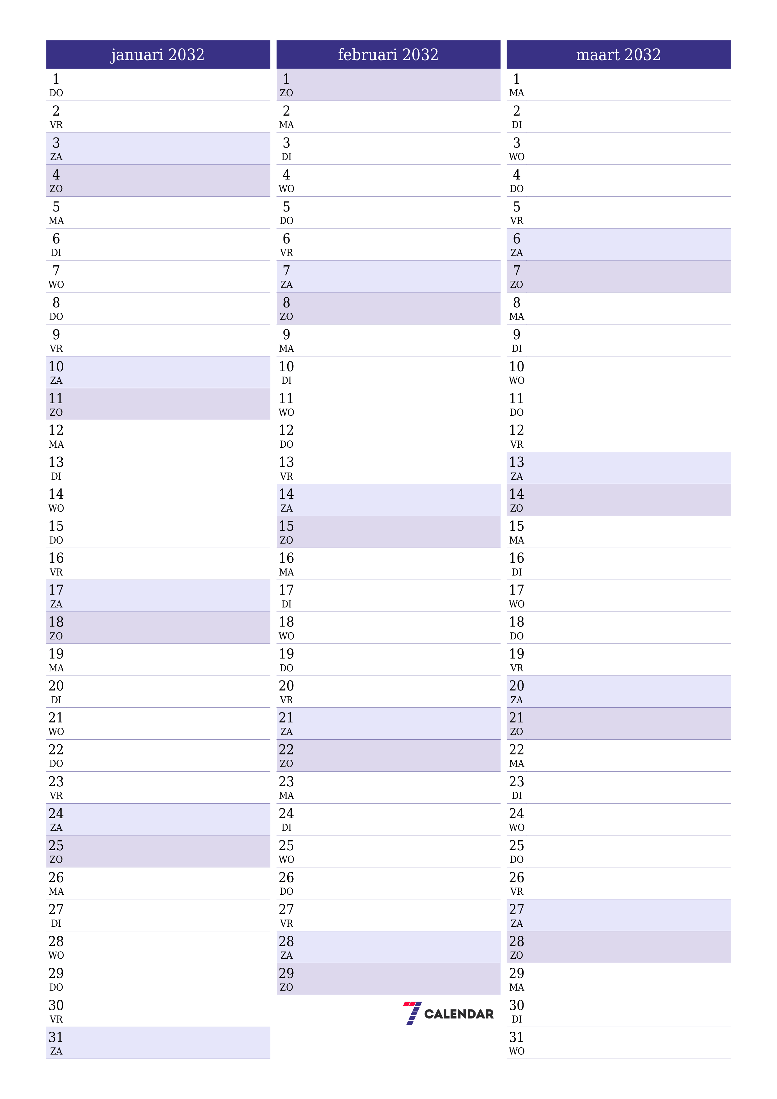 afdrukbare muur sjabloon gratis verticaal Maandelijks planner kalender januari (jan) 2032