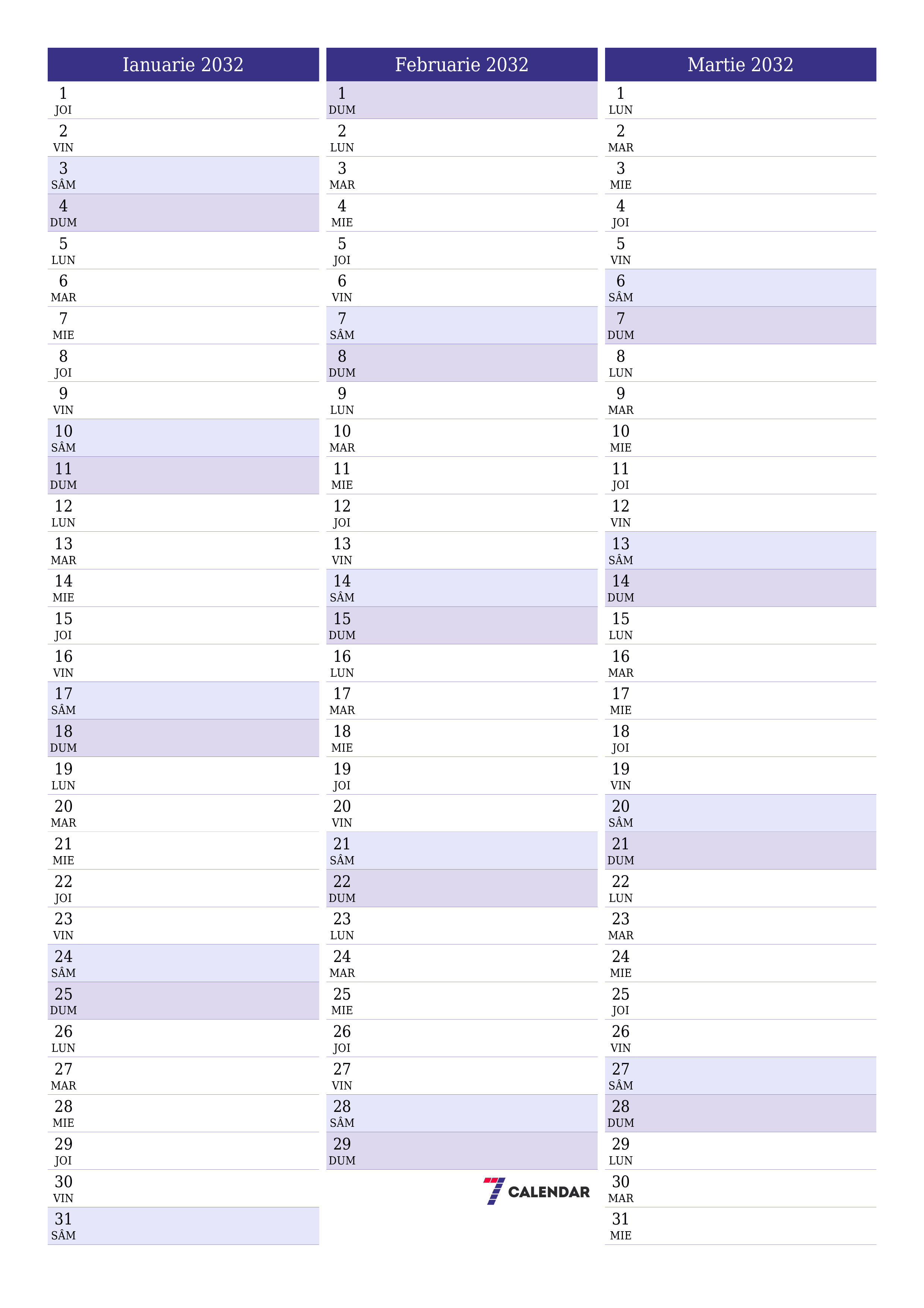  imprimabil de perete șablon de gratuitvertical Lunar planificator calendar Ianuarie (Ian) 2032