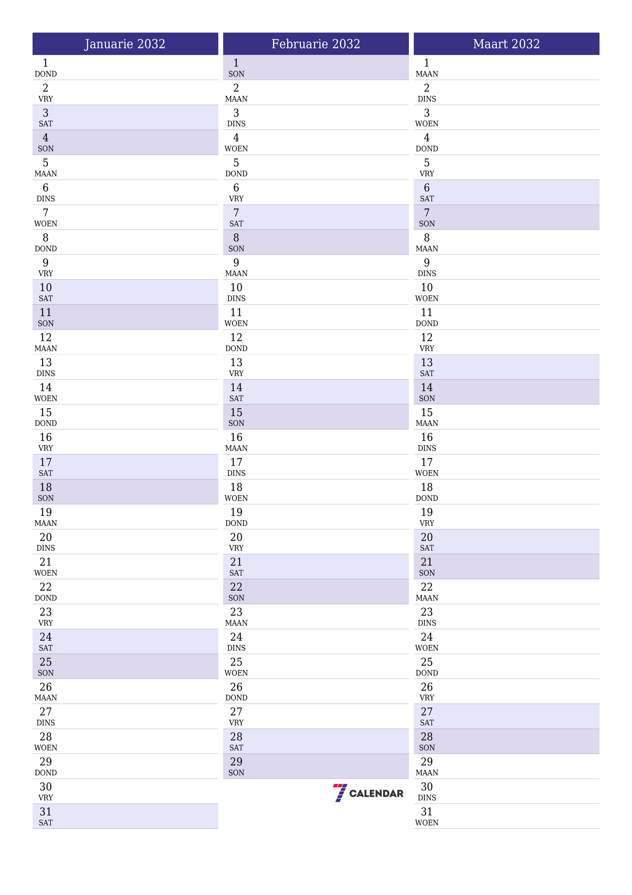 drukbare muur template gratis vertikaal Maandeliks beplanner kalender Januarie (Jan) 2032