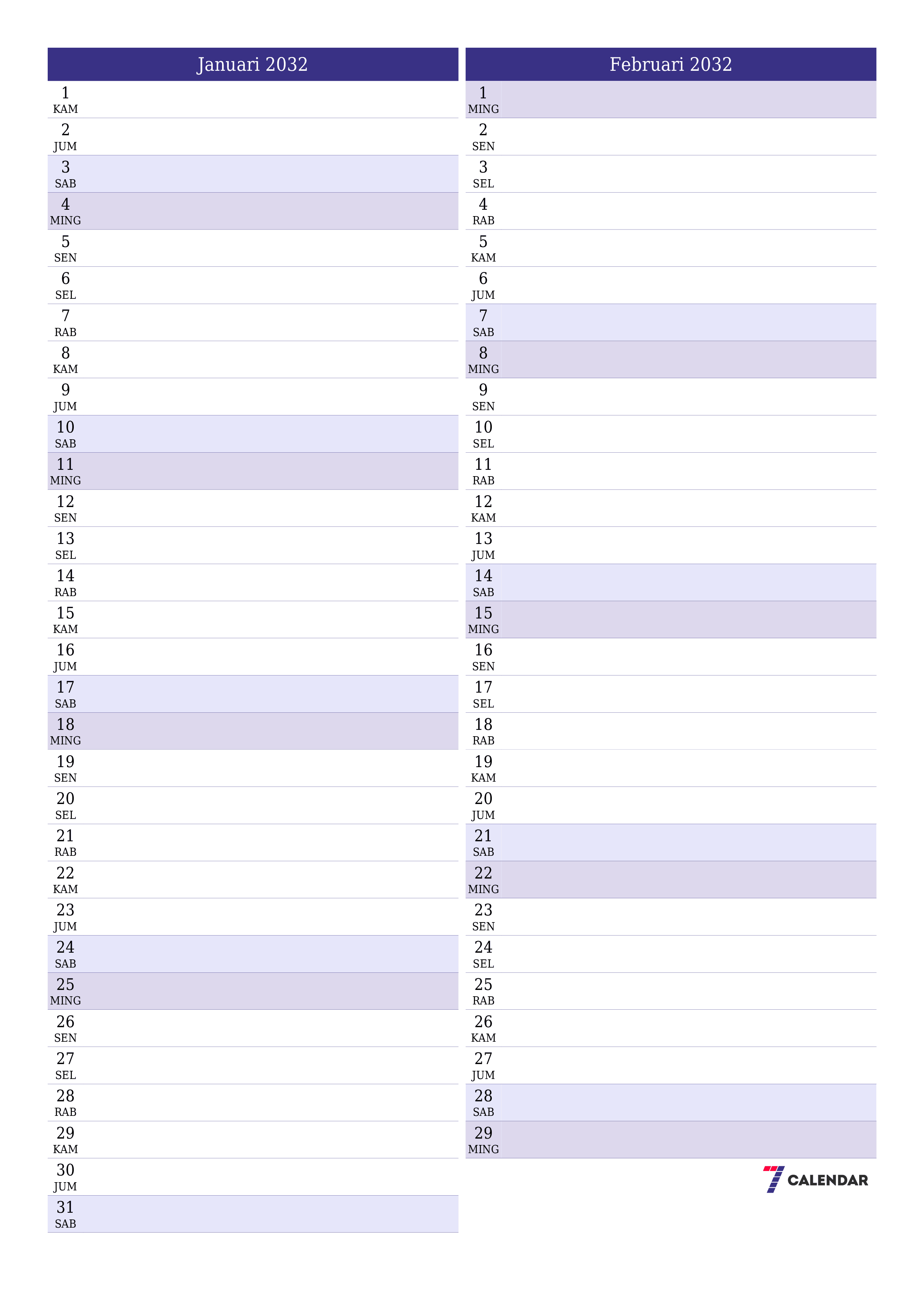Kosongkan agenda bulanan untuk bulan Januari 2032 dengan catatan, simpan dan cetak ke PDF PNG Indonesian