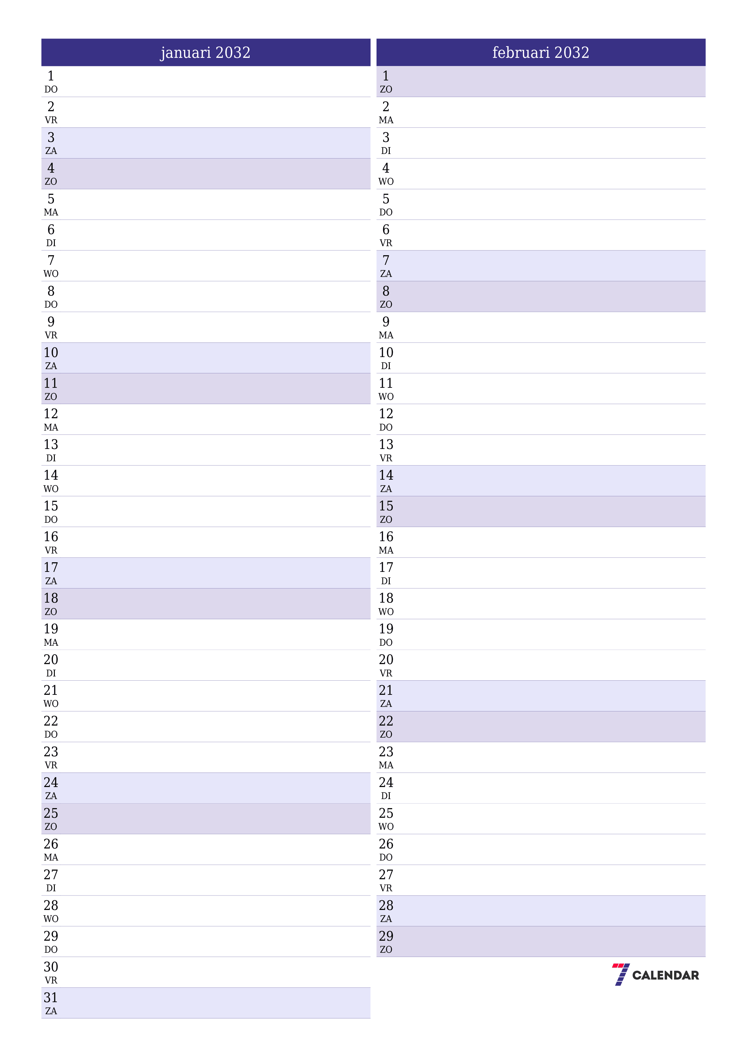 afdrukbare muur sjabloon gratis verticaal Maandelijks planner kalender januari (jan) 2032