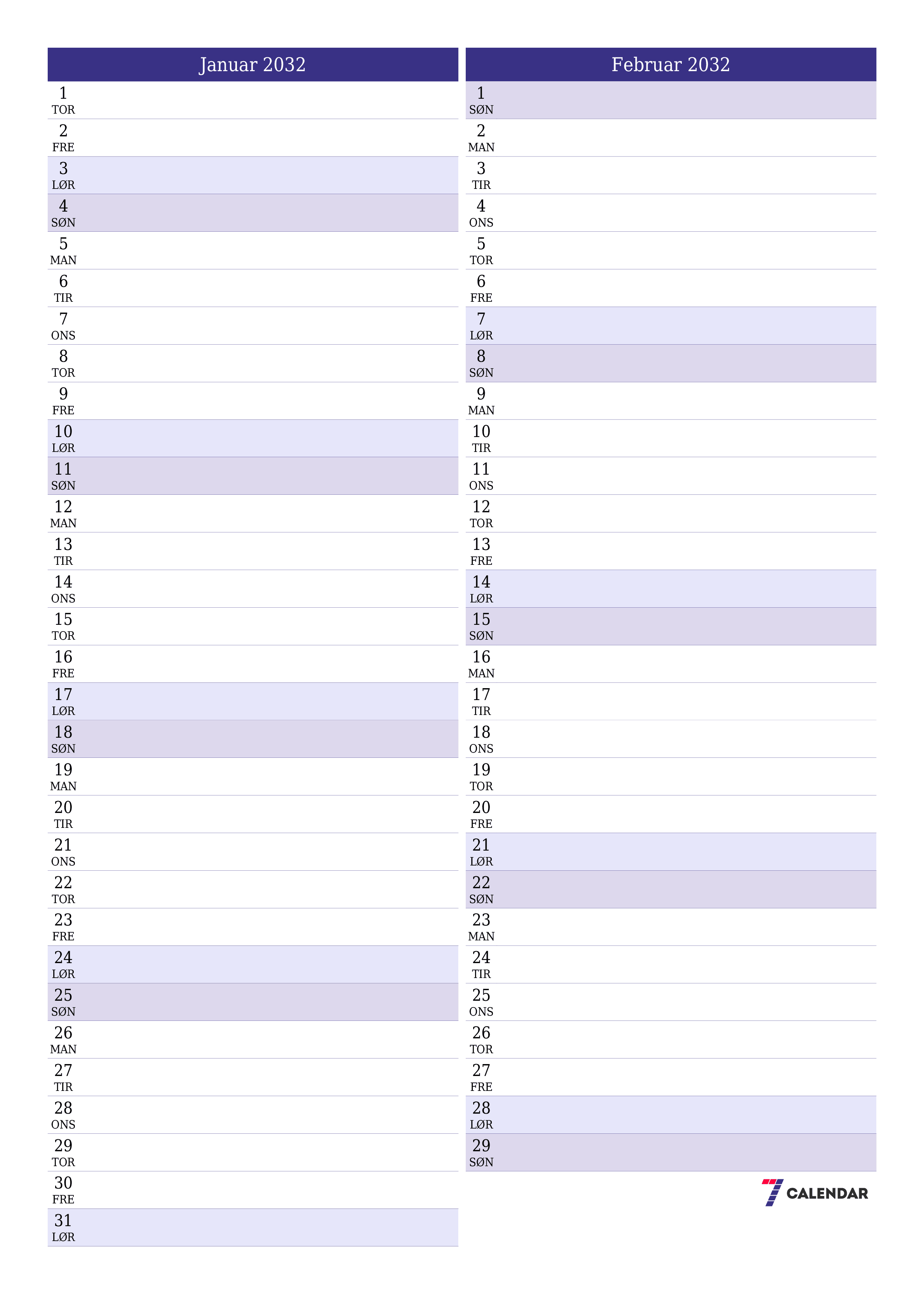 utskrivbar vegg mal gratis vertikal Månedlig planlegger kalender Januar (Jan) 2032