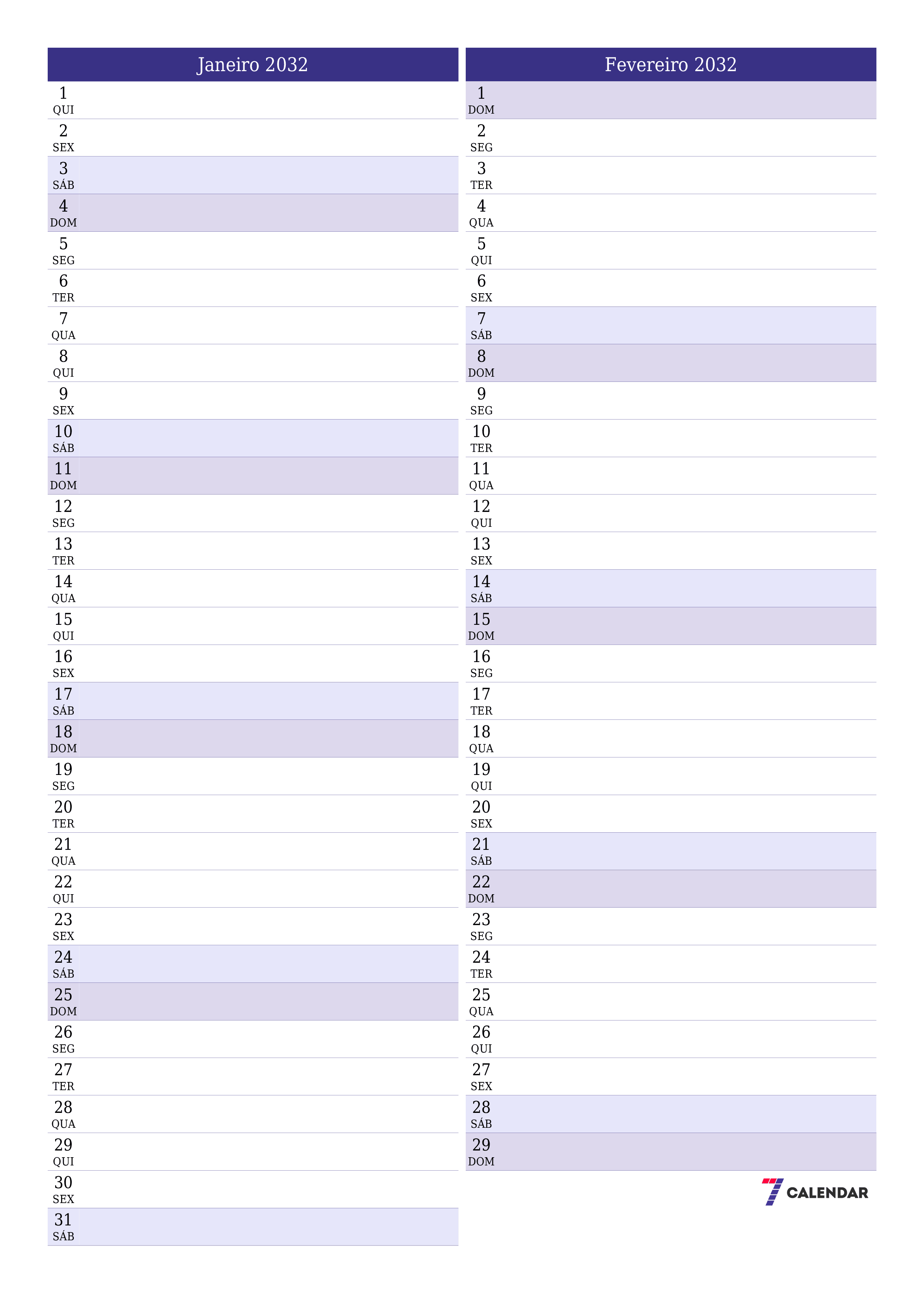  para impressão de parede modelo de grátisvertical Mensal planejador calendário Janeiro (Jan) 2032