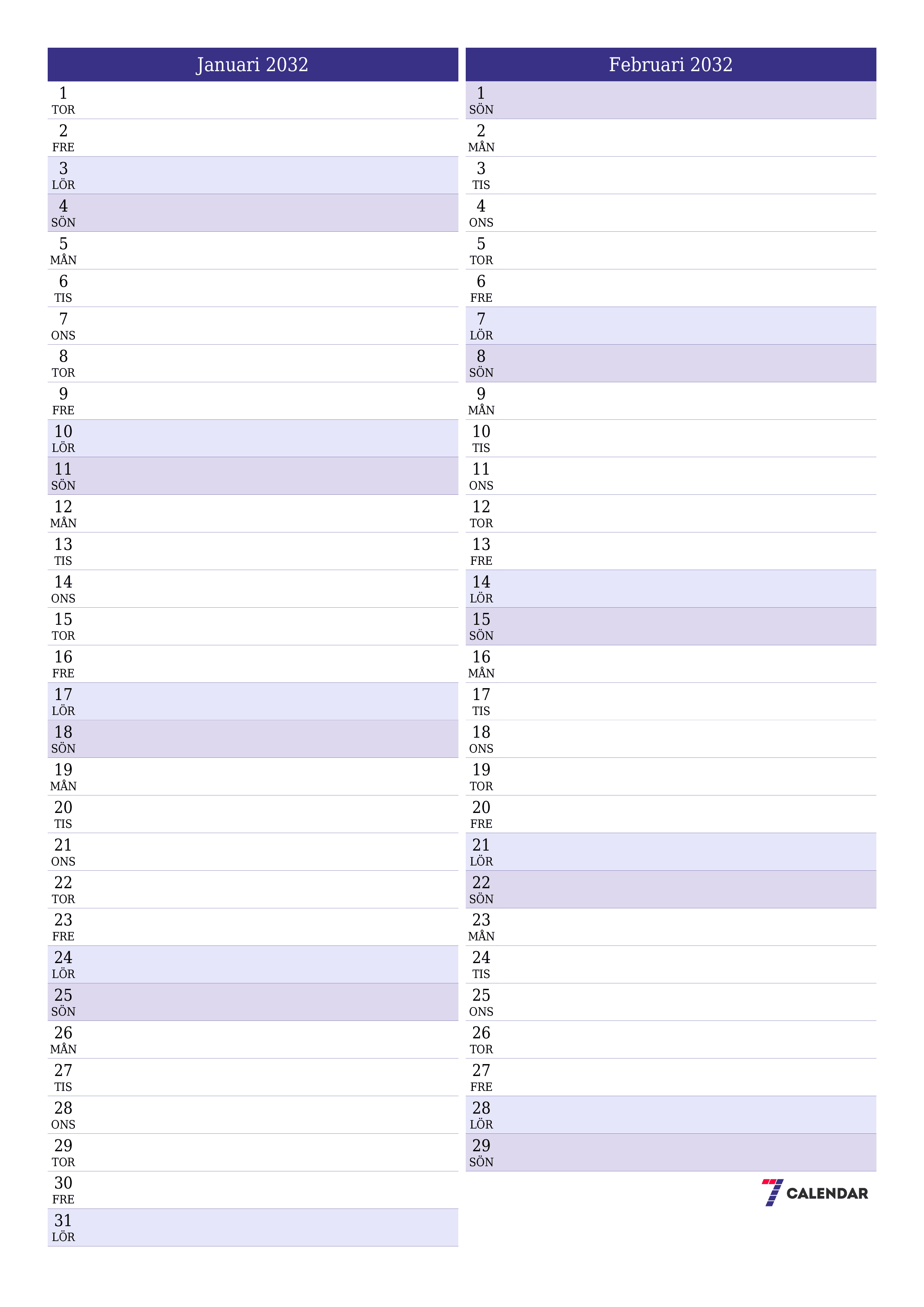 utskrivbar vägg mall gratis vertikal Månatlig planerare kalender Januari (Jan) 2032