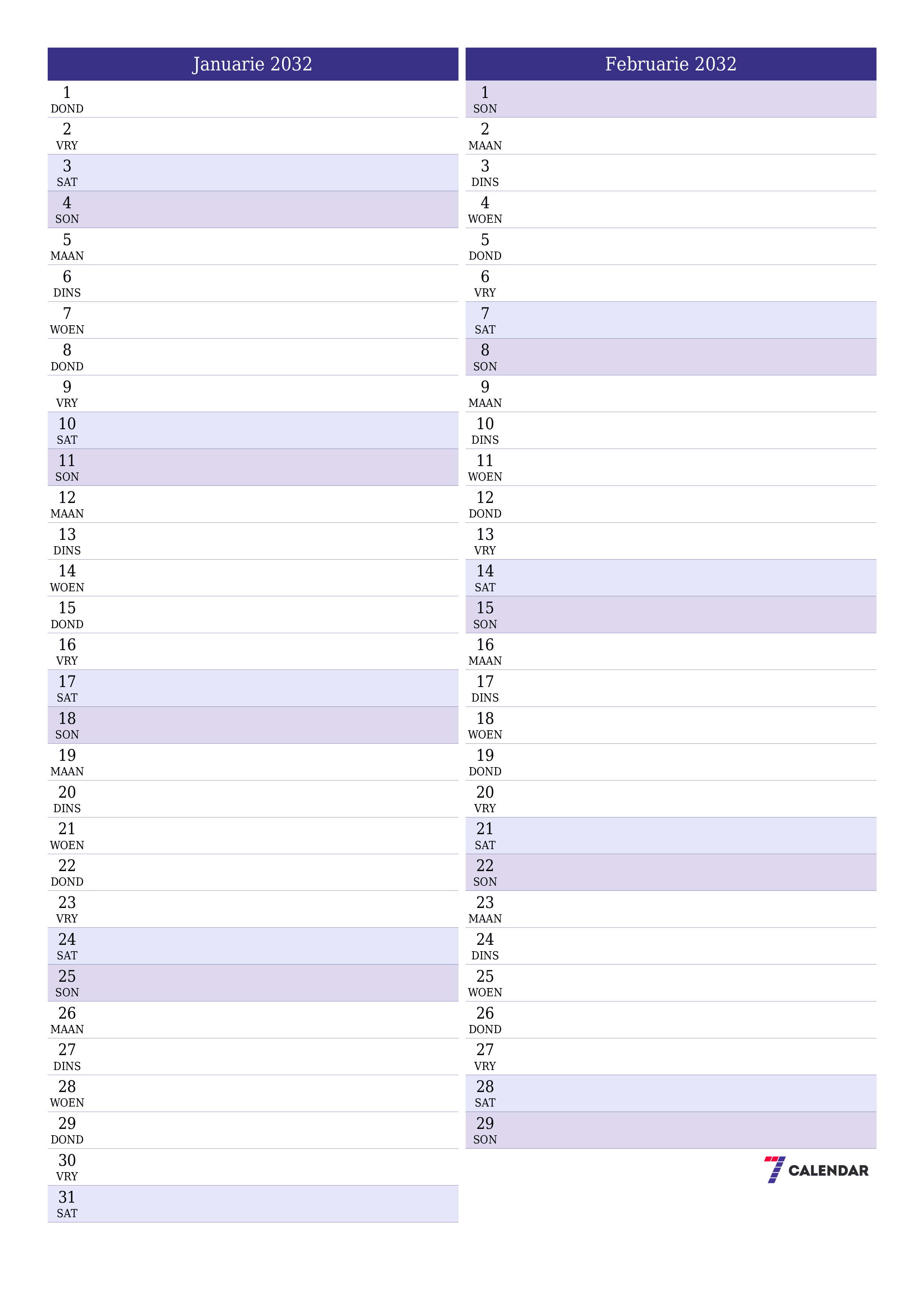 drukbare muur template gratis vertikaal Maandeliks beplanner kalender Januarie (Jan) 2032
