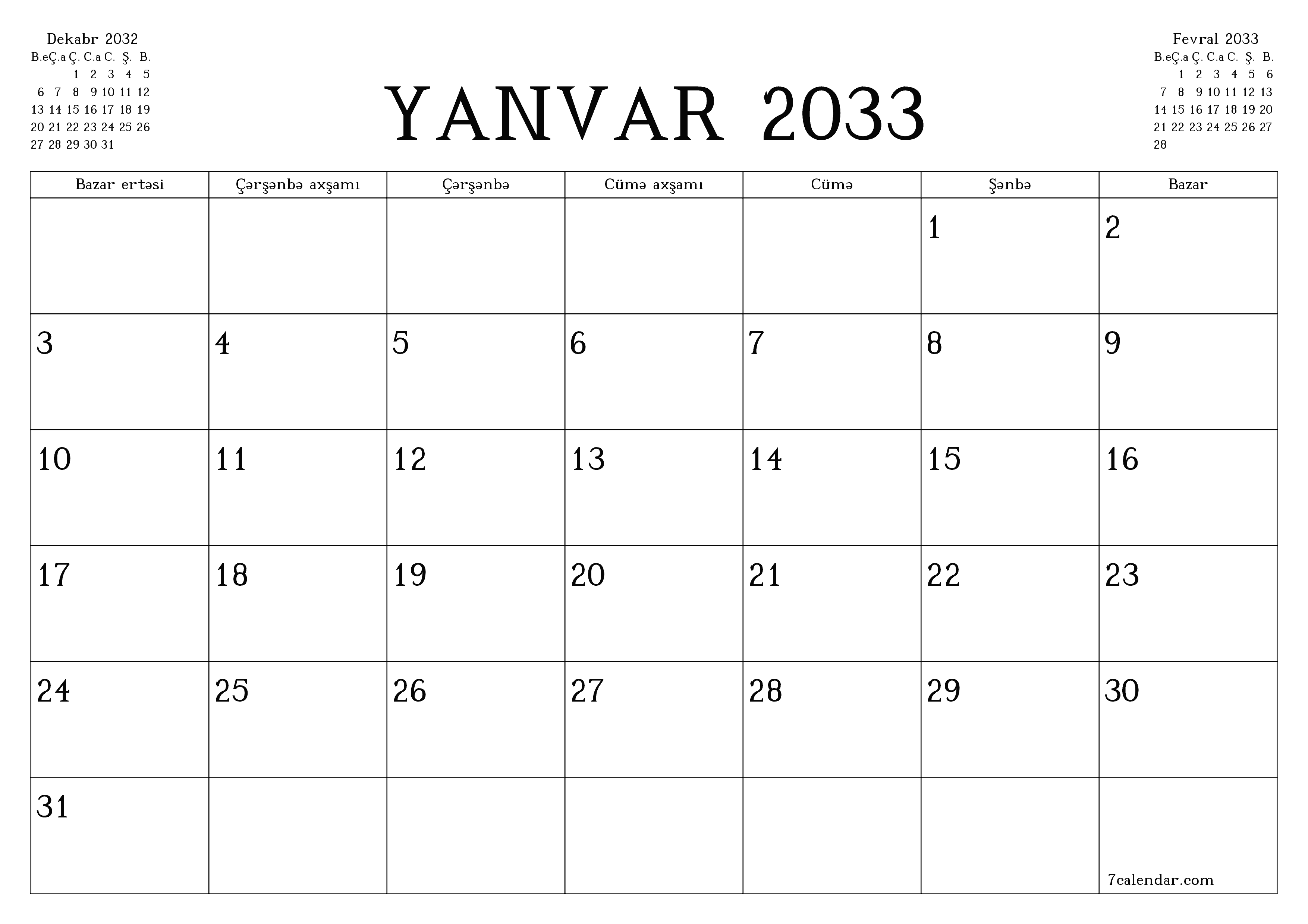 Yanvar 2033 ayı üçün qeydlər ilə boş aylıq planlayıcı, qeyd edin və PDF-ə yazdırın PNG Azerbaijani