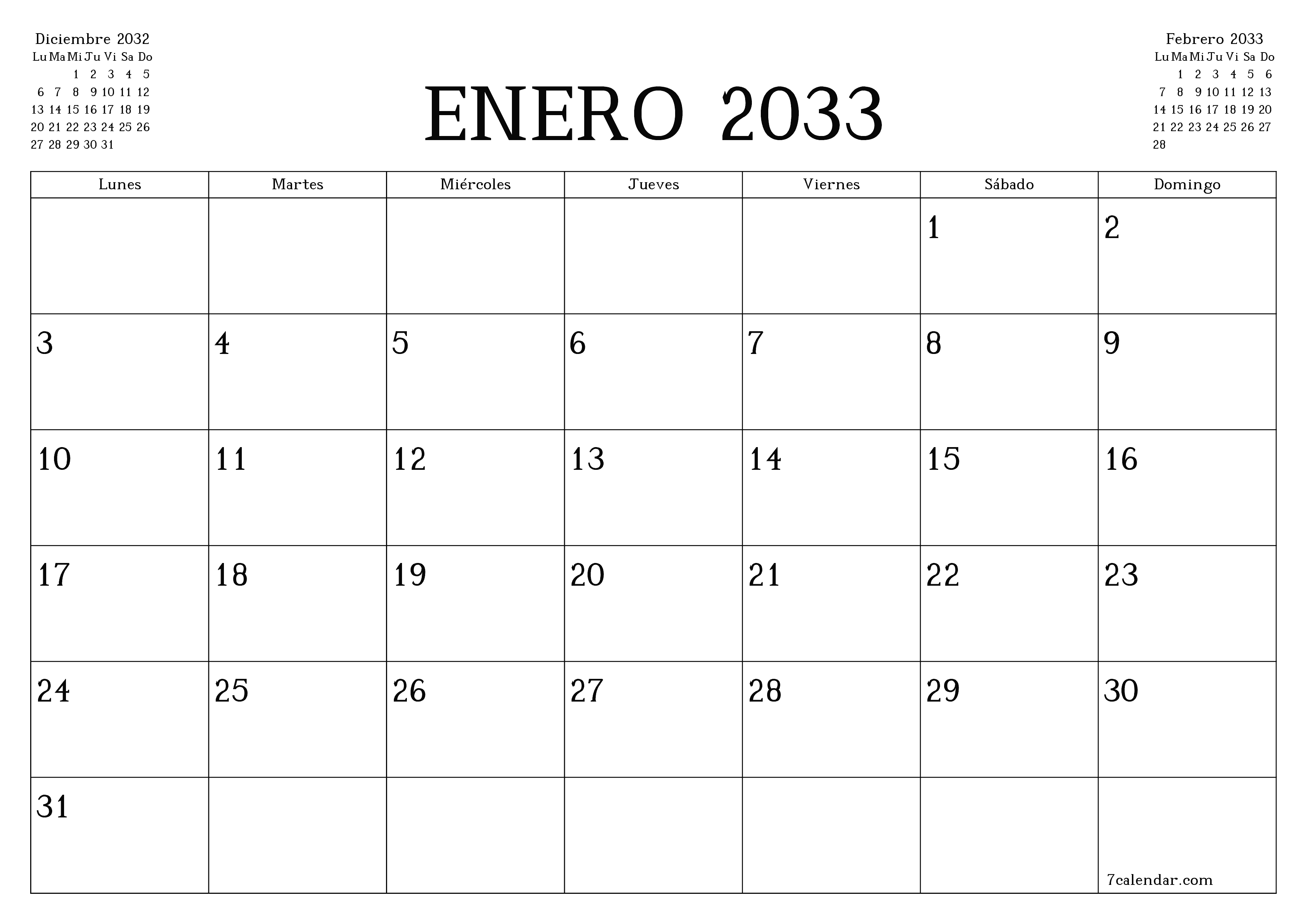 Planificador mensual vacío para el mes Enero 2033 con notas, guardar e imprimir en PDF PNG Spanish
