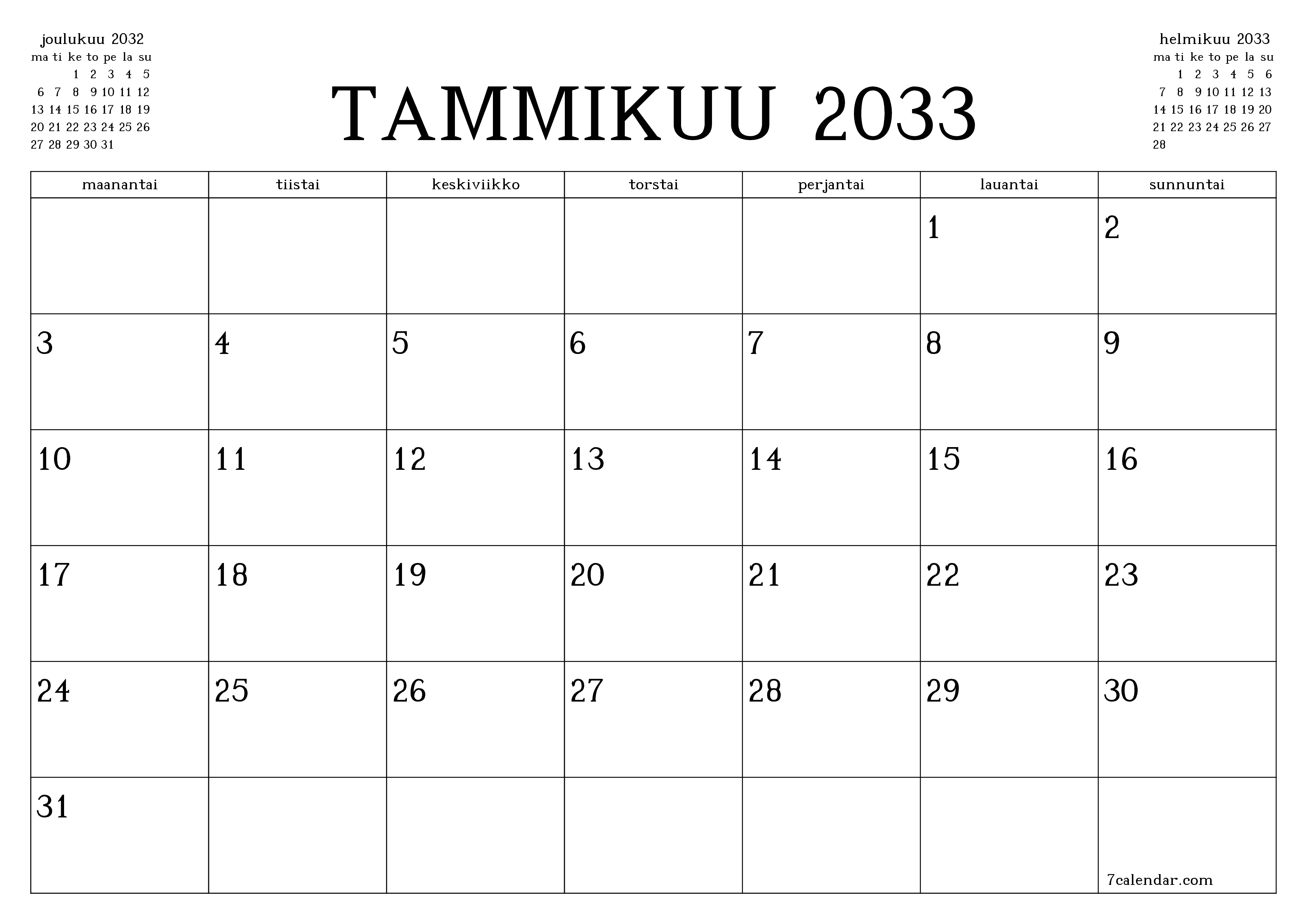 Tyhjennä kuukausittainen suunnittelija kuukaudelle Tammikuu 2033 muistiinpanoilla, tallenna ja tulosta PDF-muotoon PNG Finnish