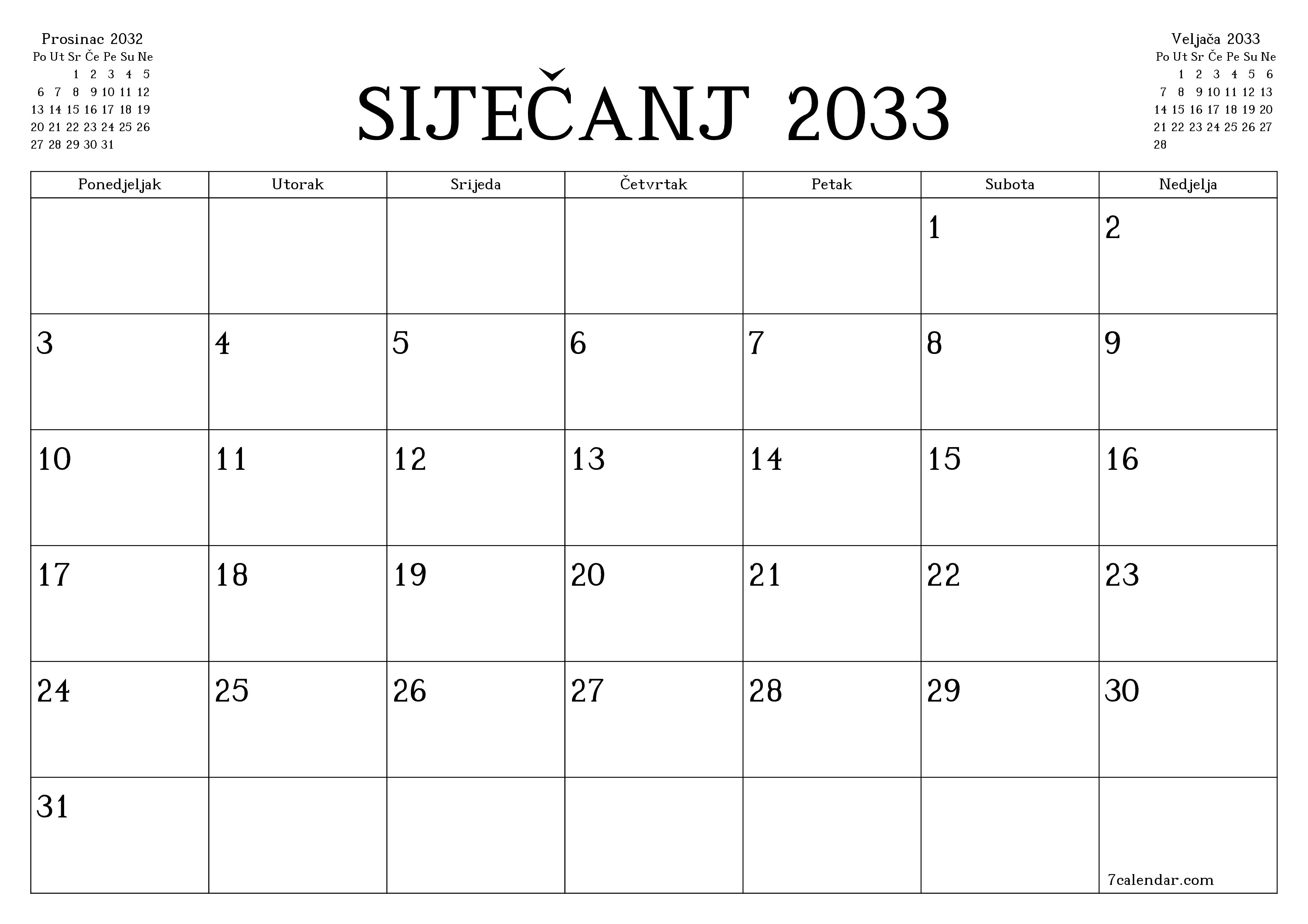 Ispraznite mjesečni planer za mjesec Siječanj 2033 s bilješkama, spremite i ispišite u PDF PNG Croatian