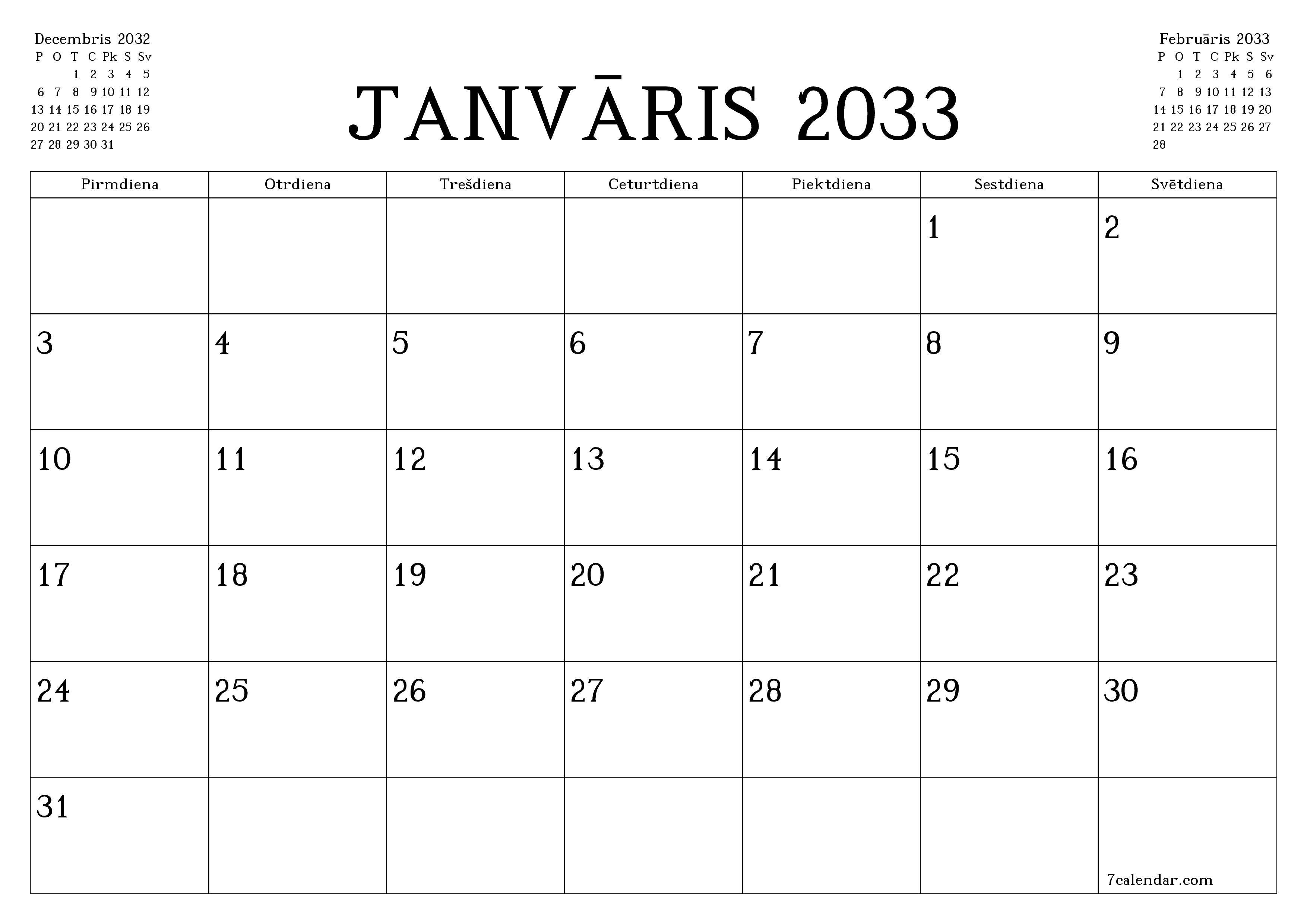 Iztukšot mēneša plānotāju mēnesim Janvāris 2033 ar piezīmēm, saglabāt un izdrukāt PDF formātā PNG Latvian